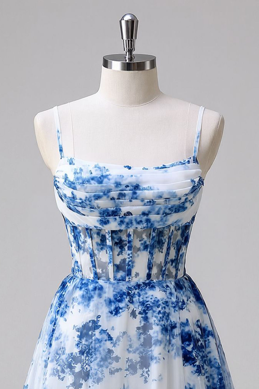 Blue Floral Tulle Ruched A Line Short Corset Homecoming Dress