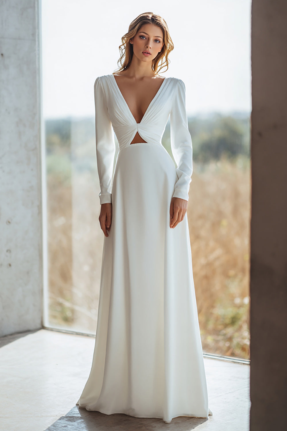Ivory V-Neck Sheath Floor Length Wedding Dress with Sleeves