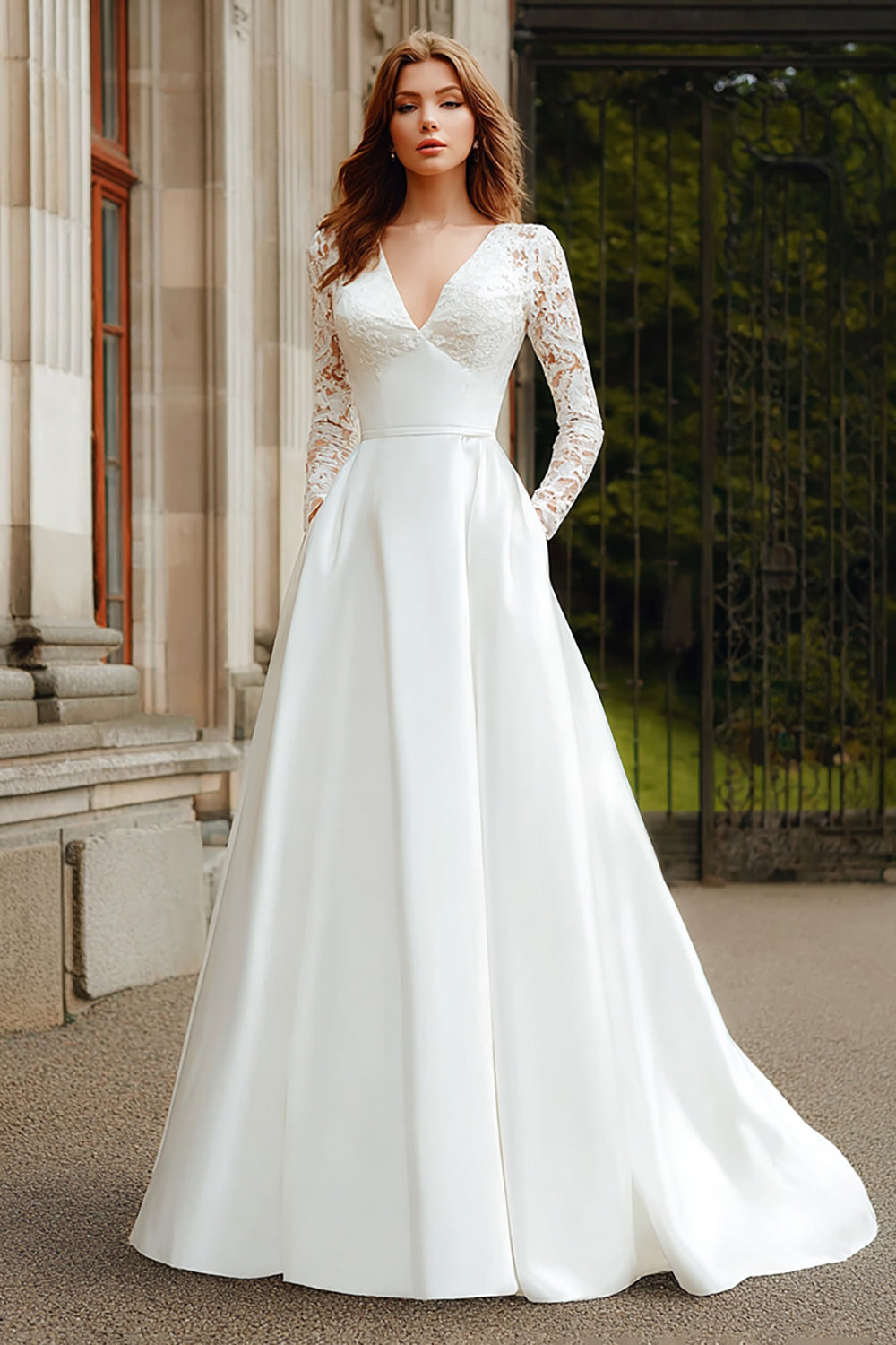 Ivory Long Sleeves V-Neck A Line Sweep Train Wedding Dress with Lace
