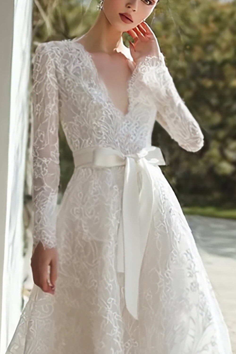 Ivory Lace V-Neck A Line Sweep Train Long Sleeves Wedding Dress with Bow