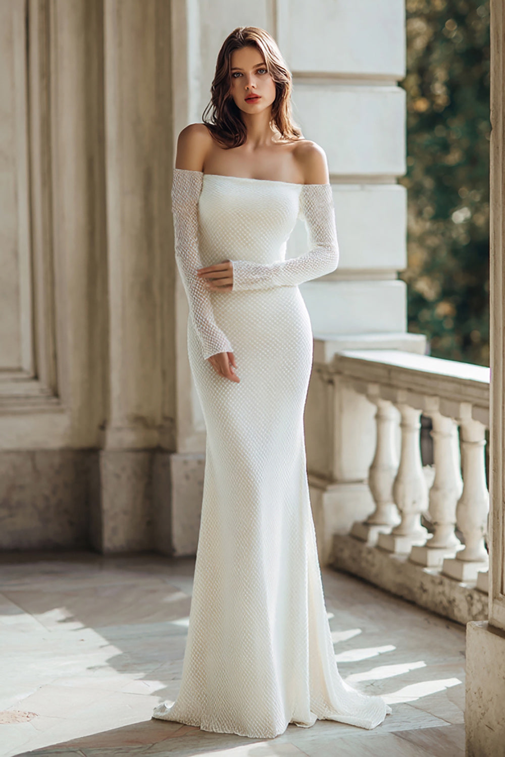 Ivory Off The Shoulder Mermaid Sweep Train Long Sleeves Wedding Dress