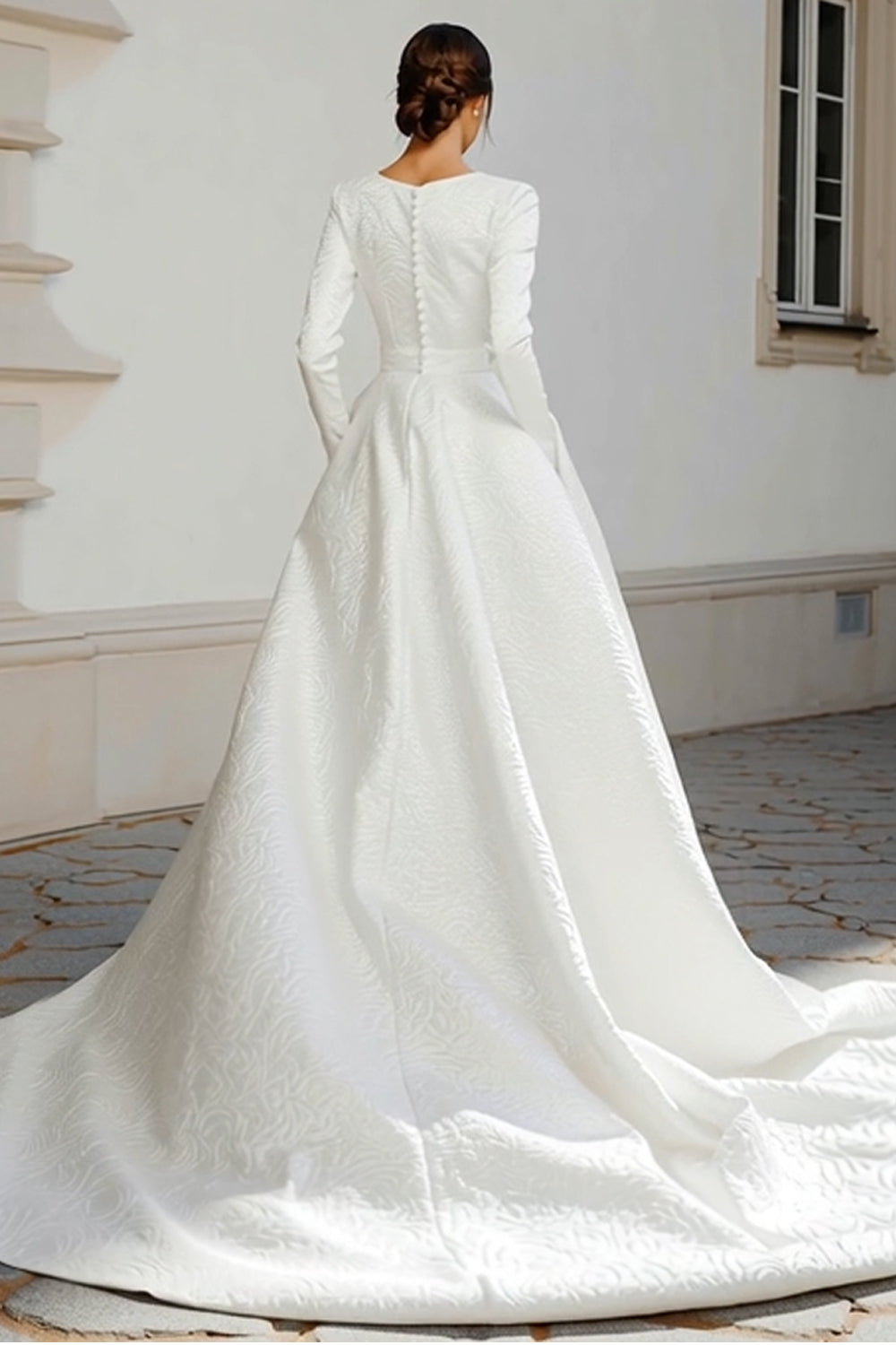 Ivory Jacquard Ball Gown Sweep Train Wedding Dress with Sleeves