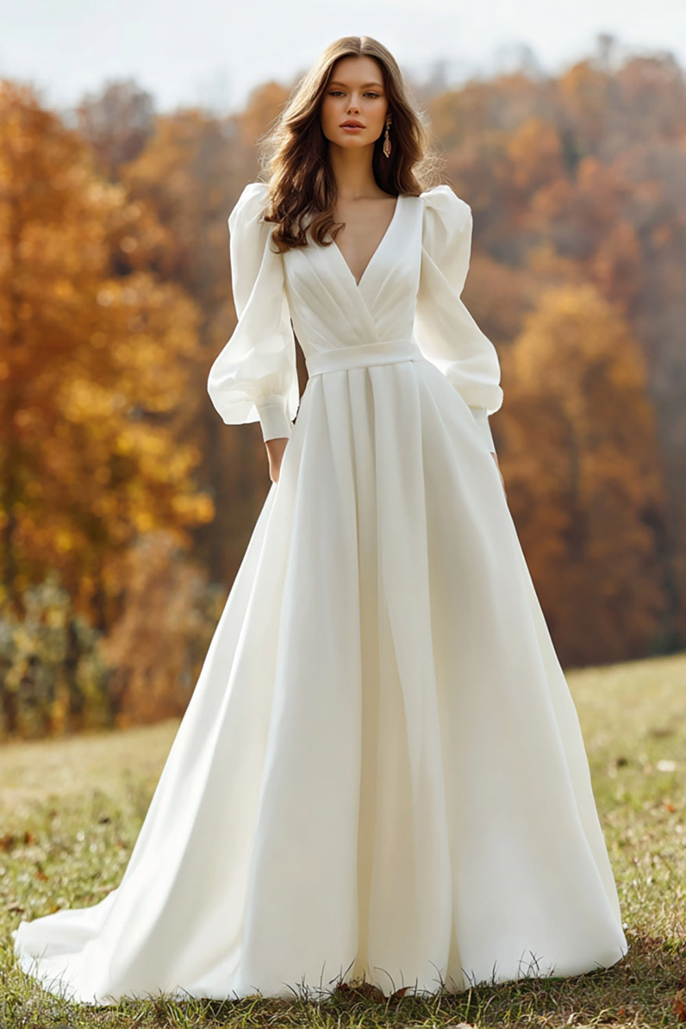 Ivory V-Neck Ruched Long Sleeves A Line Sweep Train Wedding Dress