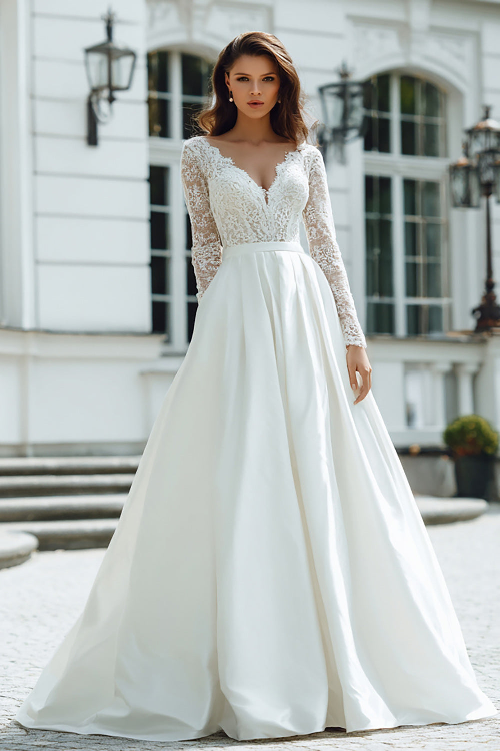 Ivory V-Neck Floor-Length Long Sleeves Wedding Dress with Lace