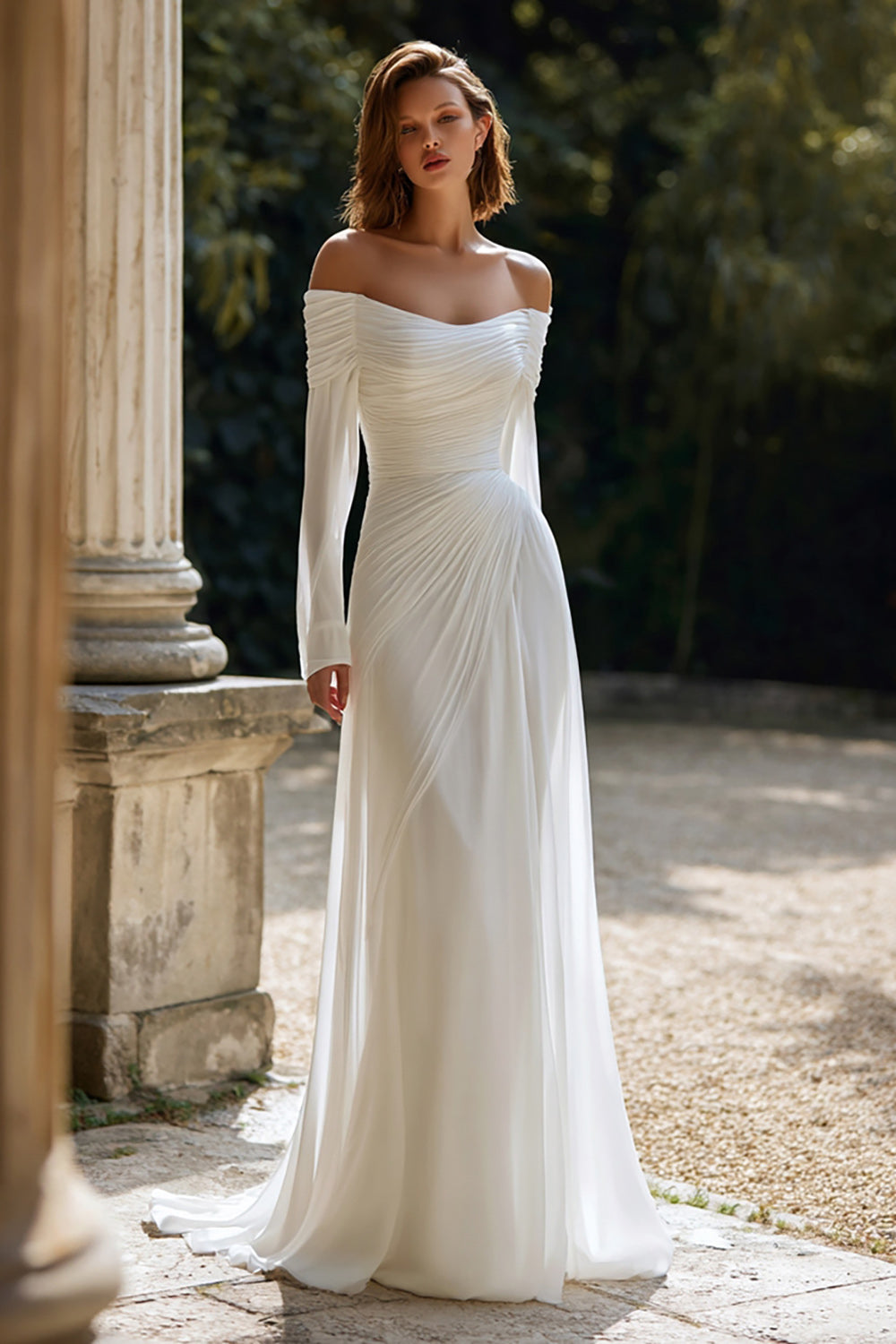 Ivory Off The Shoulder Long Sleeves Sheath Sweep Train Wedding Dress