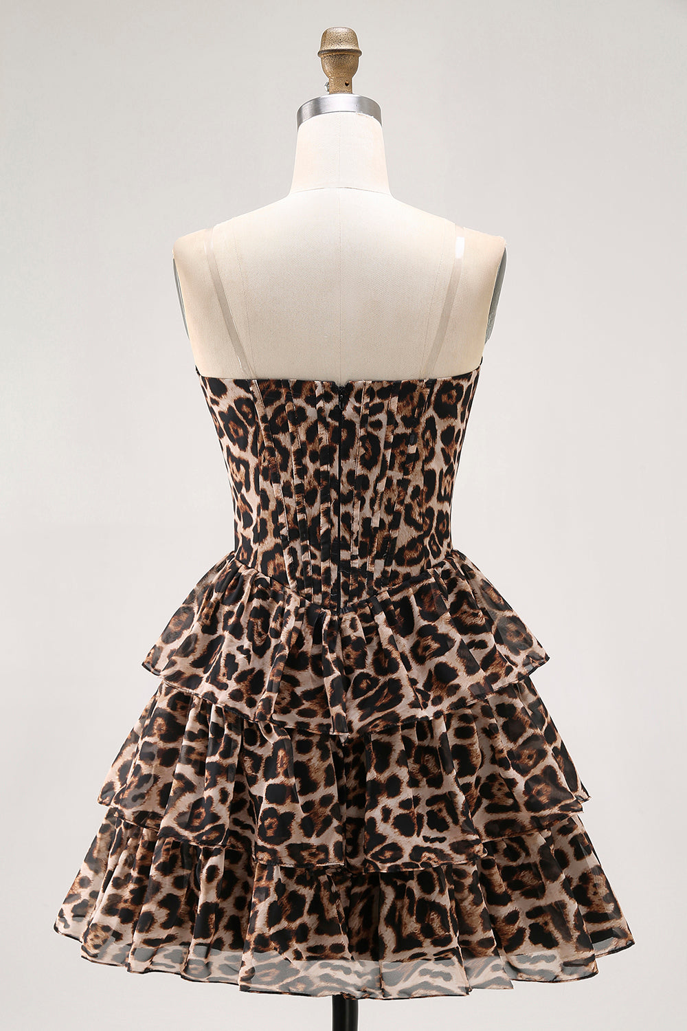 Brown Leopard Corset Sweetheart Short Tiered Homecoming Dress
