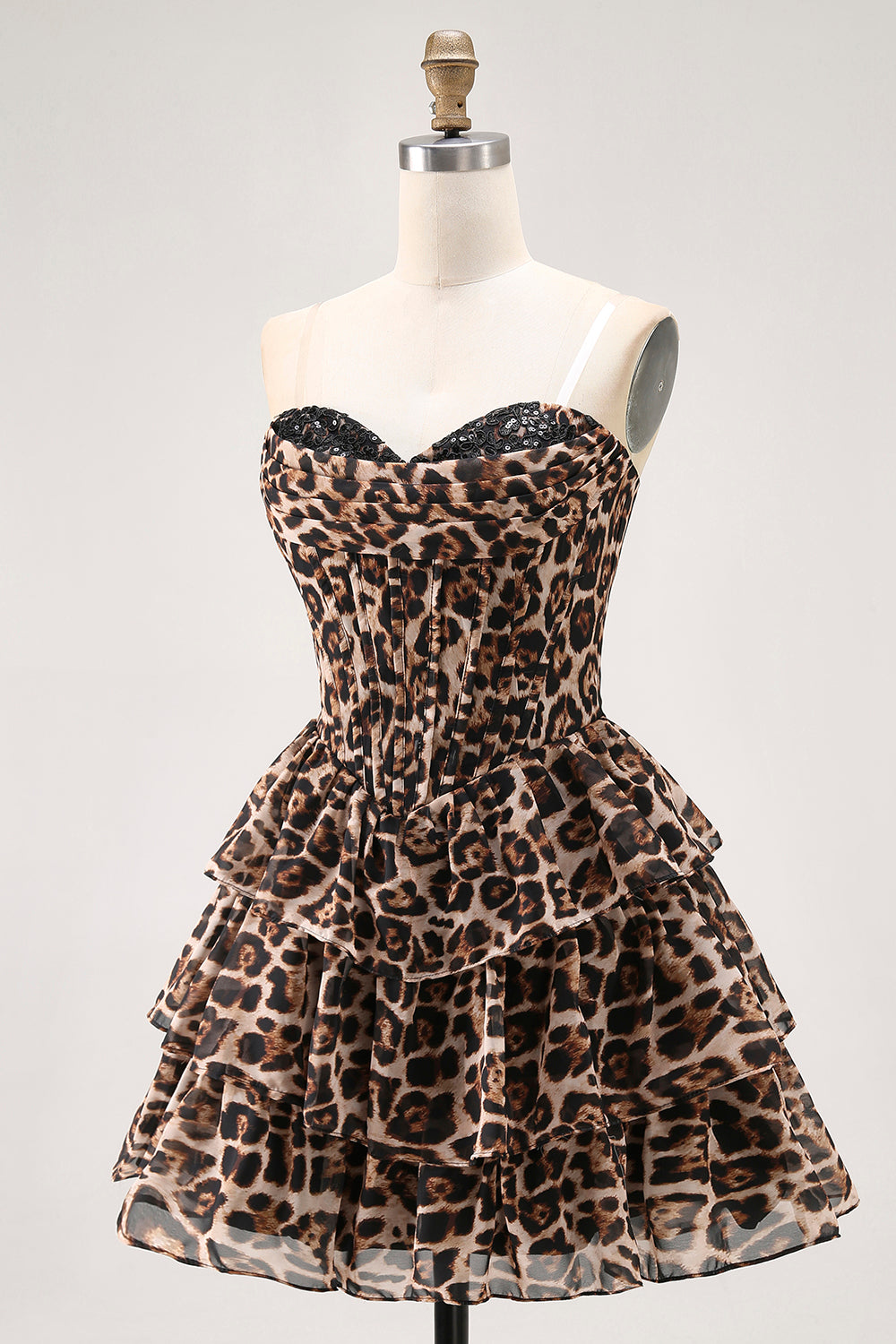 Brown Leopard Corset Sweetheart Short Tiered Homecoming Dress