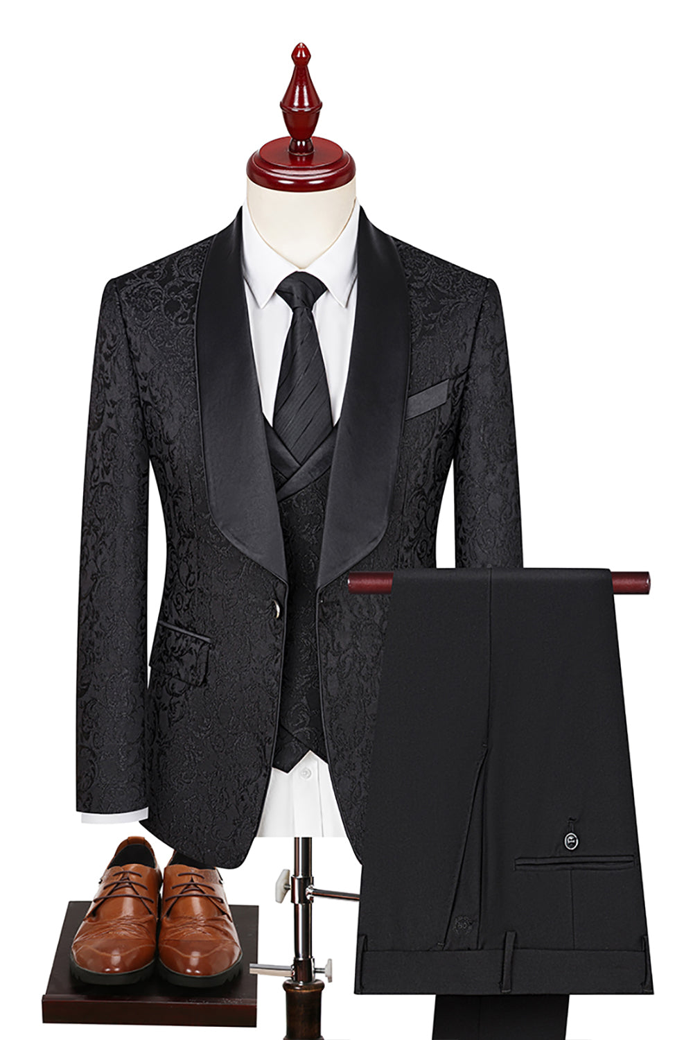Dark Green Jacquard Shawl Lapel 3 Pieces Prom Suits