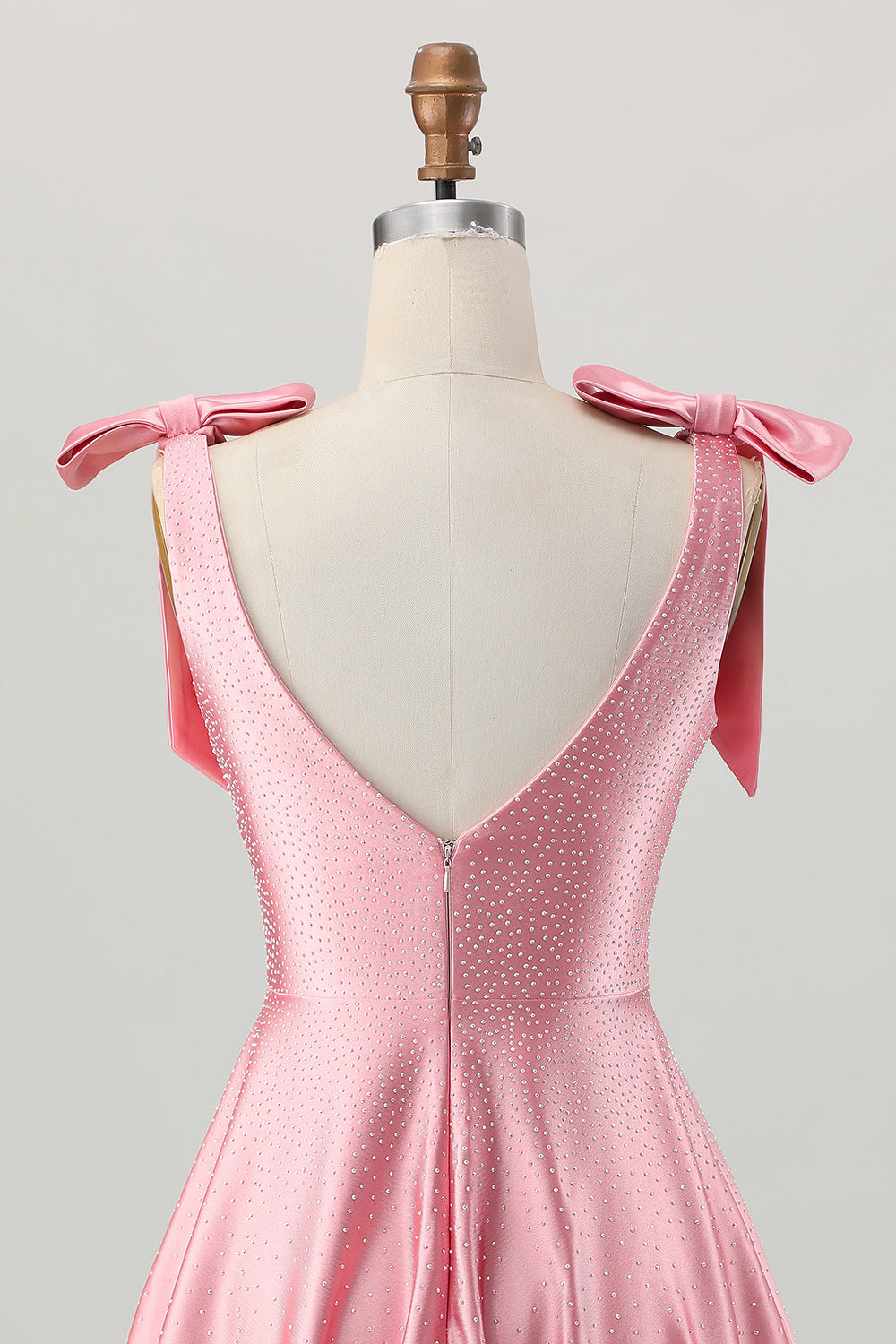 Sparkly Blush Pink A Line Satin Short Beaded Homecoming Dress with Bow