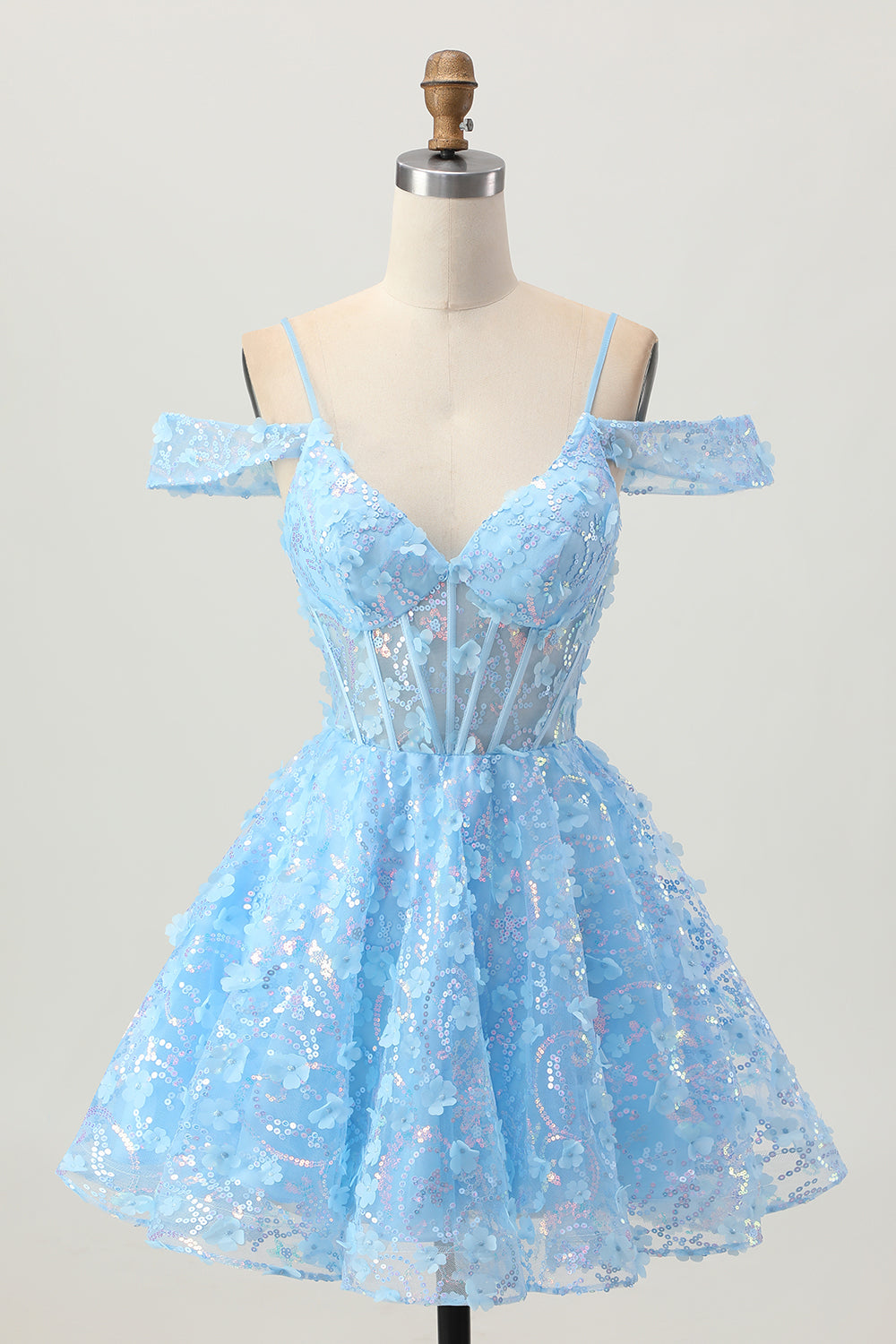 Sparkly Blue Corset Floral A Line Short Homecoming Dress with Sequins