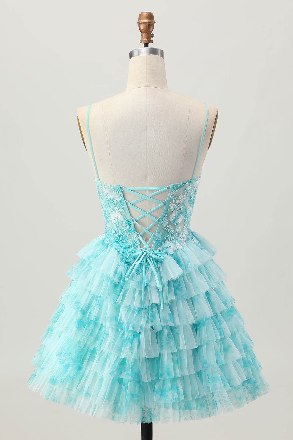 Blue Green Ruffled Tiered A Line Short Corset Homecoming Dress with Appliques