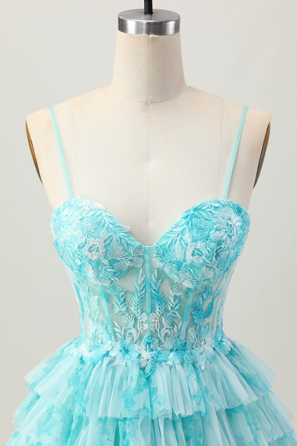 Blue Green Ruffled Tiered A Line Short Corset Homecoming Dress with Appliques