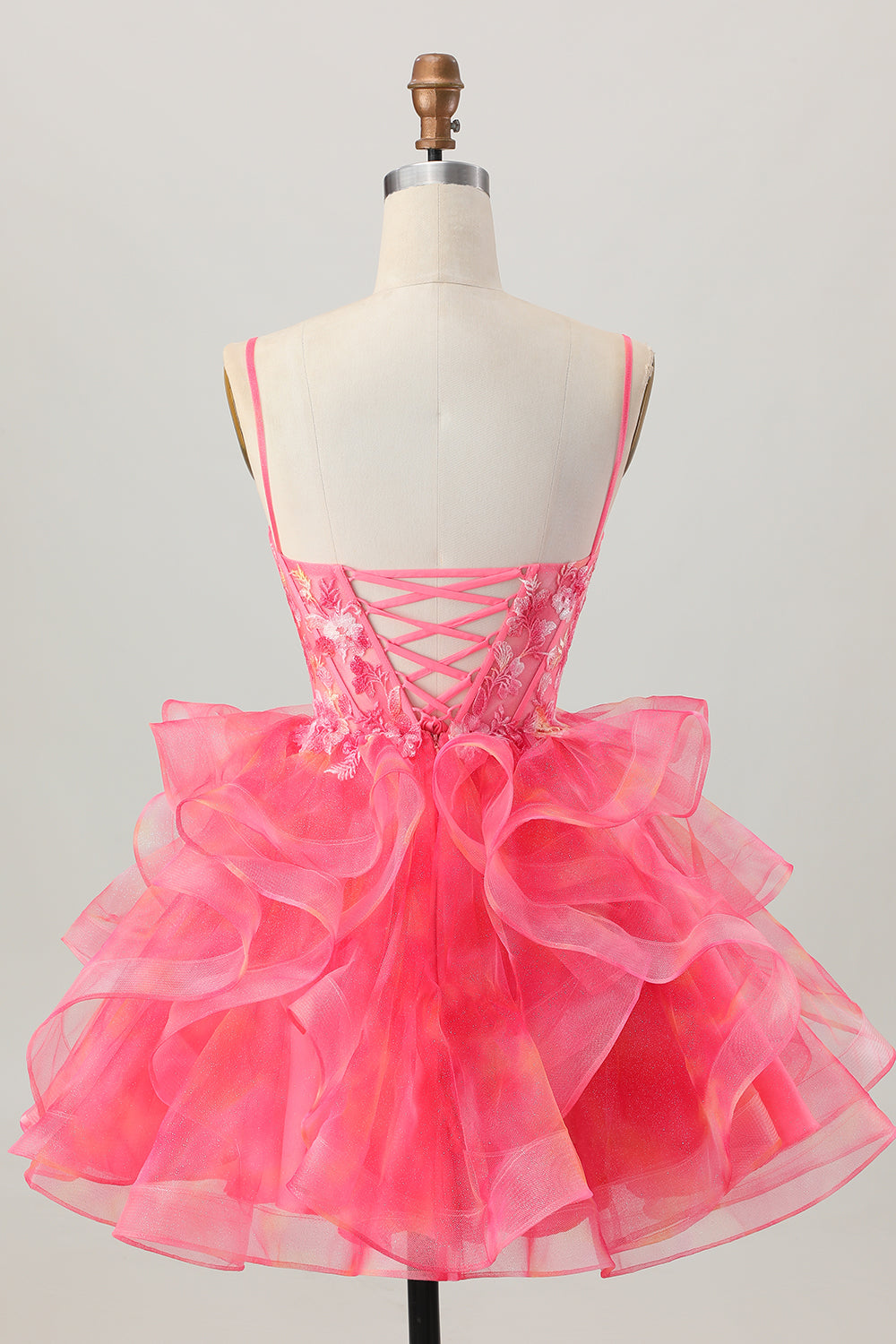 Red Organza A Line Short Corset Homecoming Dress with Appliques