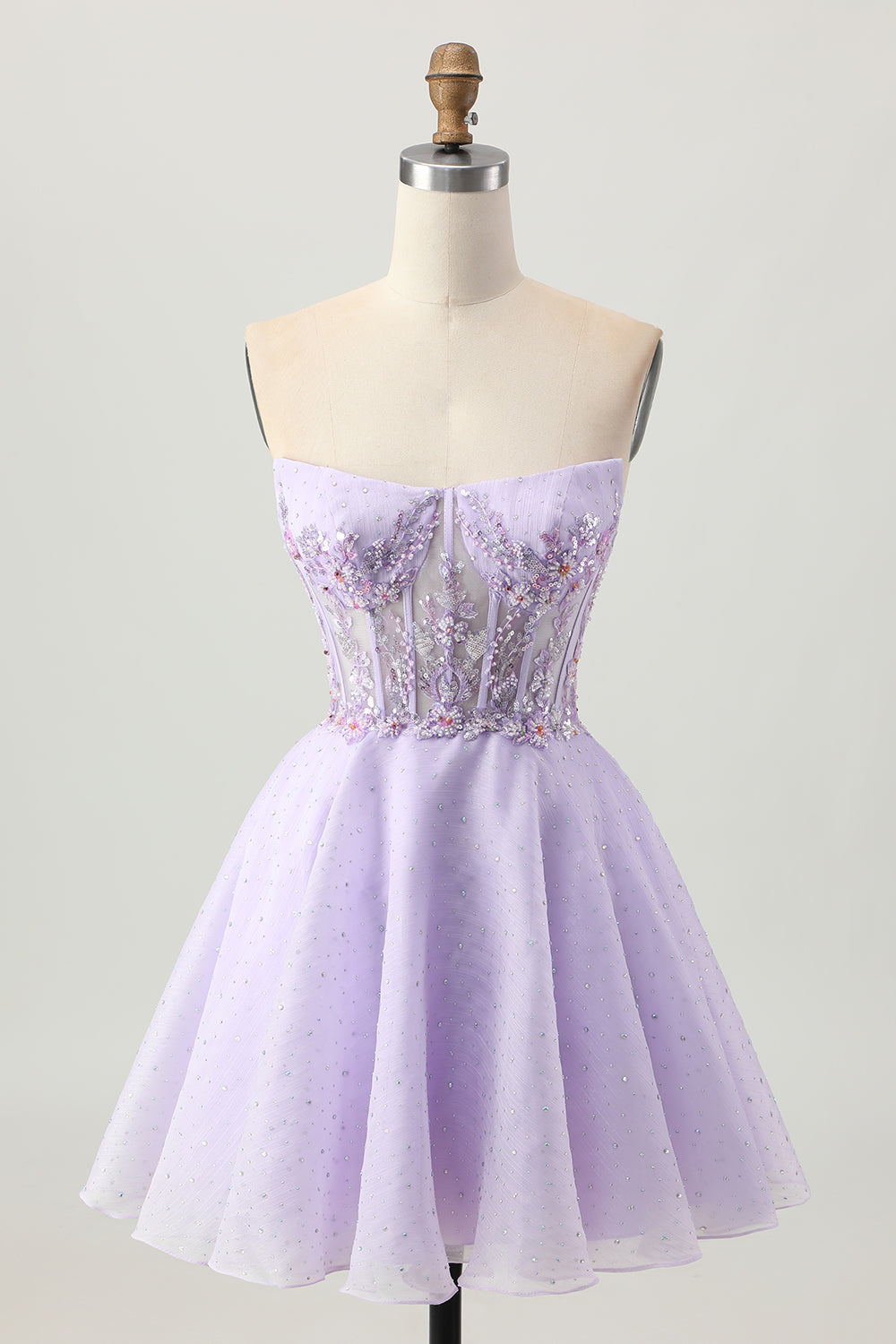 Sparkly Lilac Strapless Short Corset Homecoming Dress with Beading