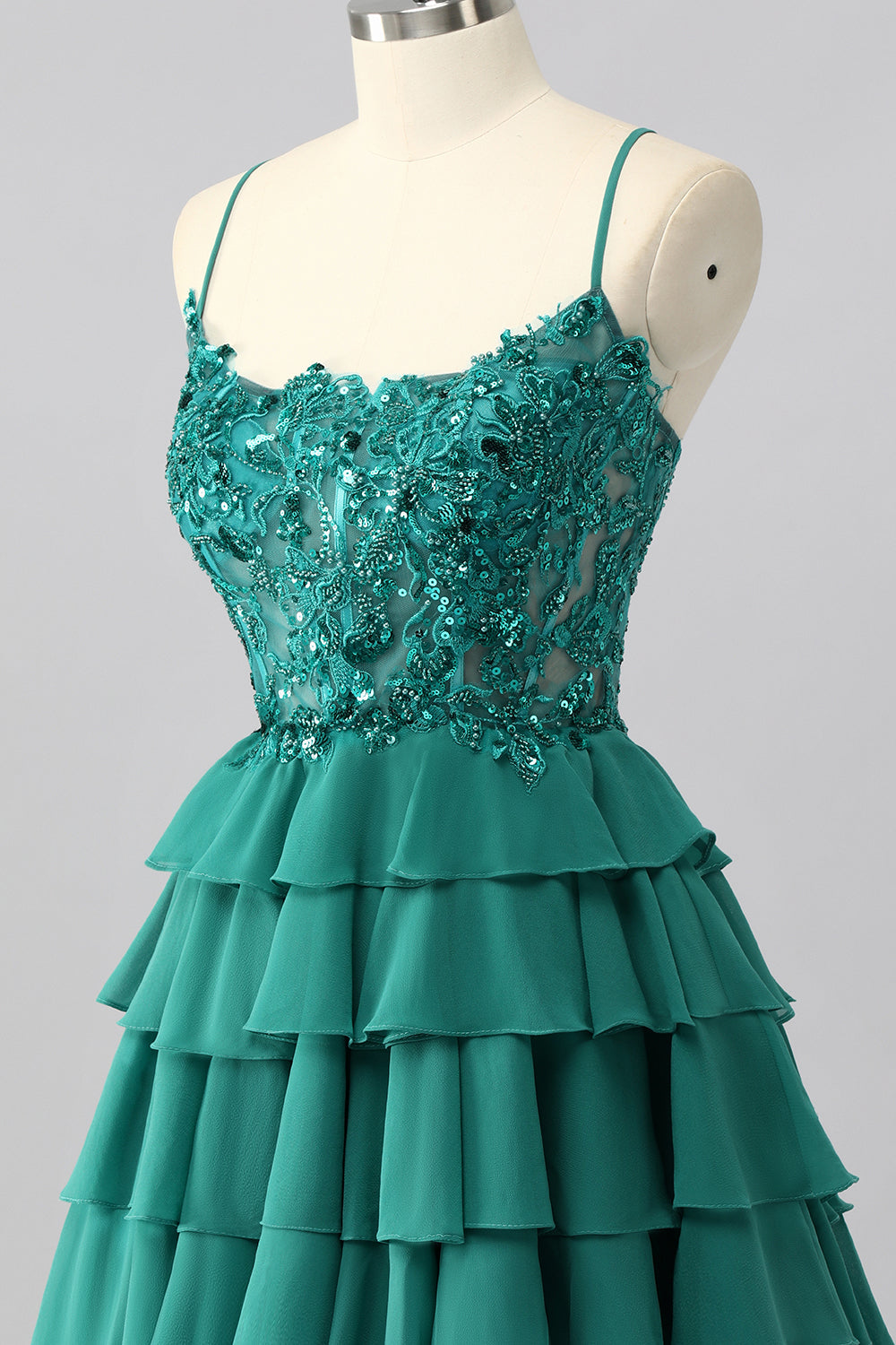 Sparkly Dark Green Corset Tiered Short Homecoming Dress with Beading