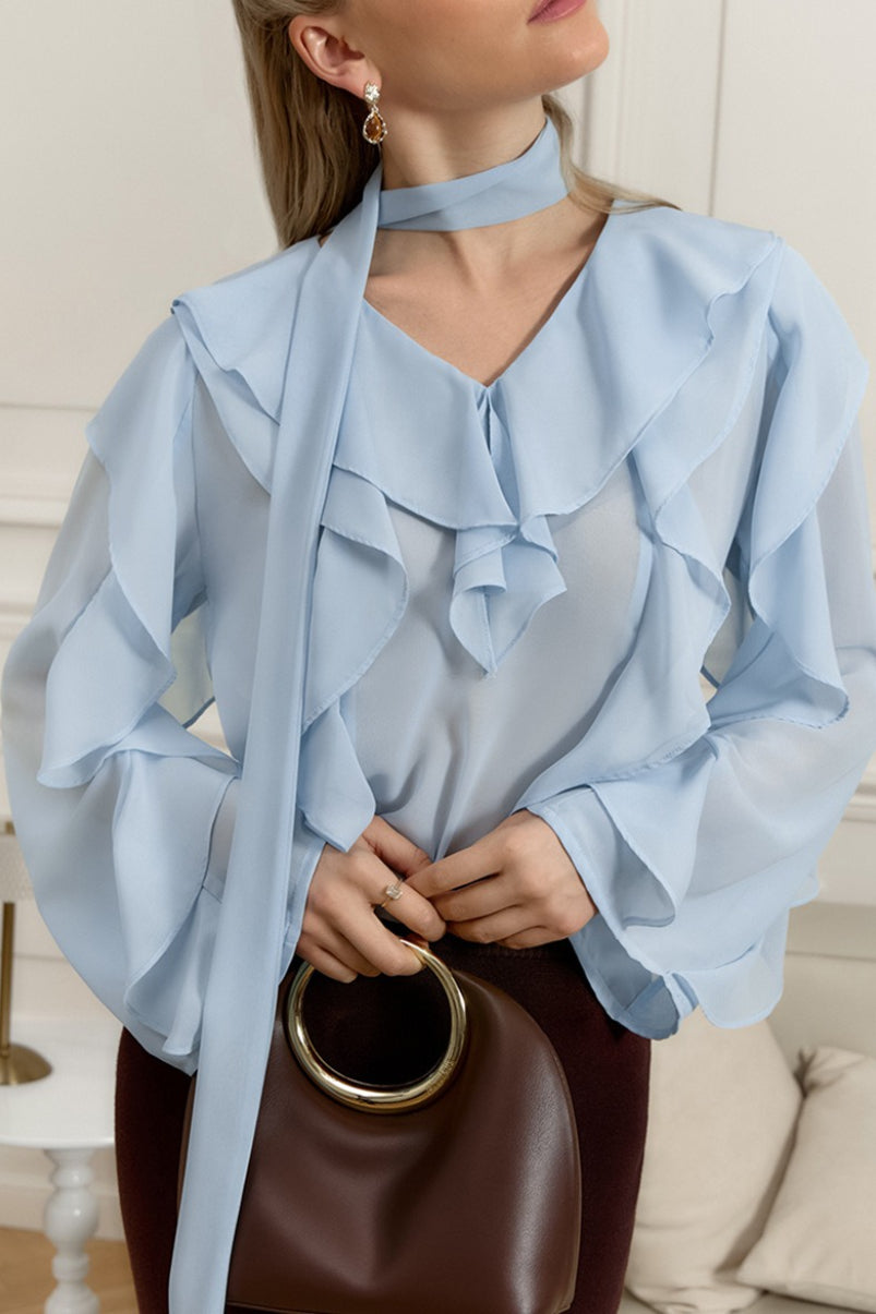 V Neck Ruffle Sleeve Blouse