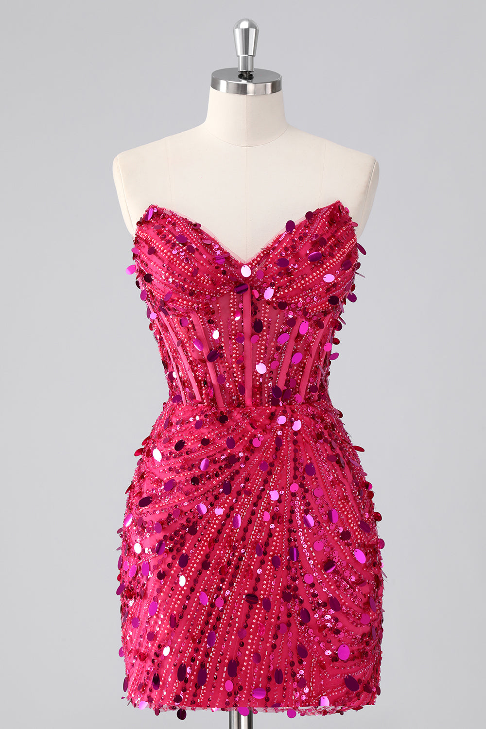 Zapakasa Women Sparkly Fuchsia Corset Short Homecoming Dress Sequins Strapless Tight Cocktail Dress