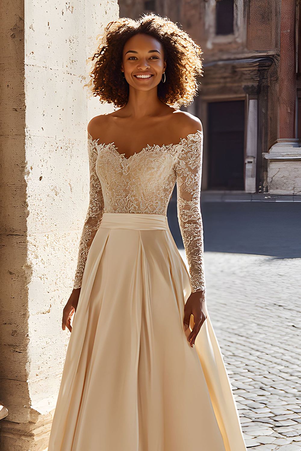 Sparkly Champagne Off the Shoulder Satin Sweep Train Wedding Dress with Sleeves