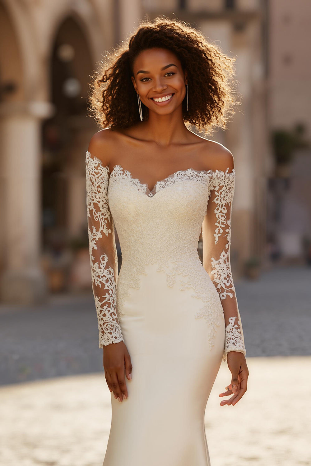 Ivory Mermaid Satin Sweep Train Wedding Dress with Sleeves