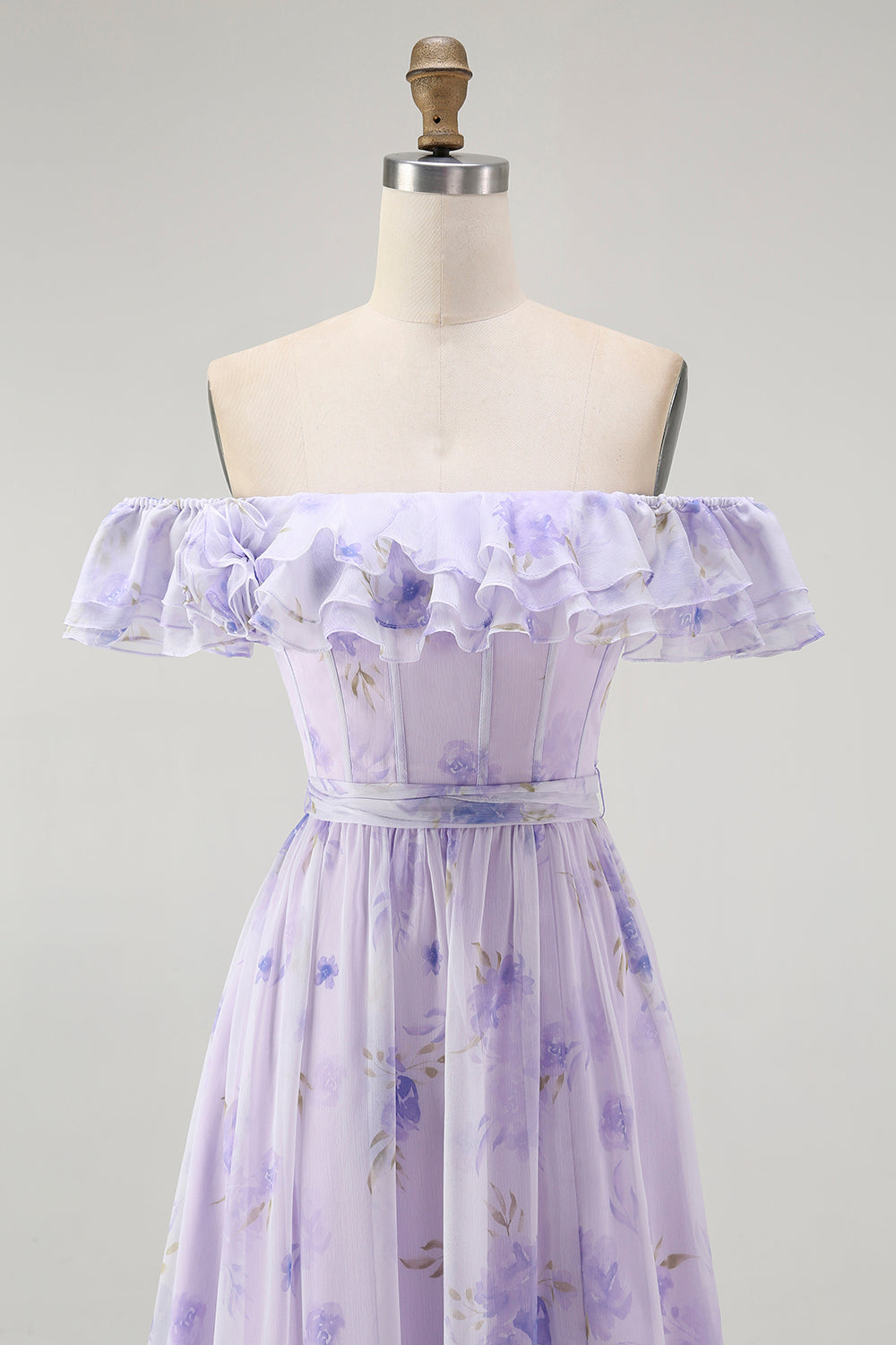 Lavender Floral A-Line Long Corset Wedding Guest Dress with Slit