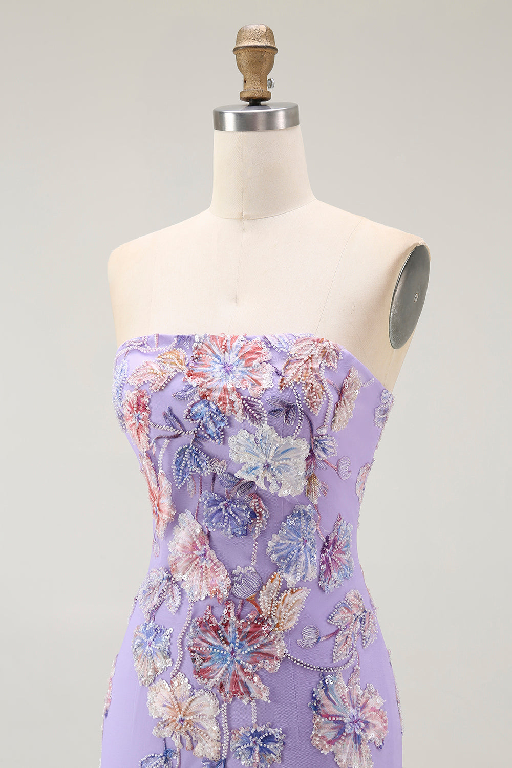 Sparkly Purple Strapless Floral Long Prom Dress with Beading