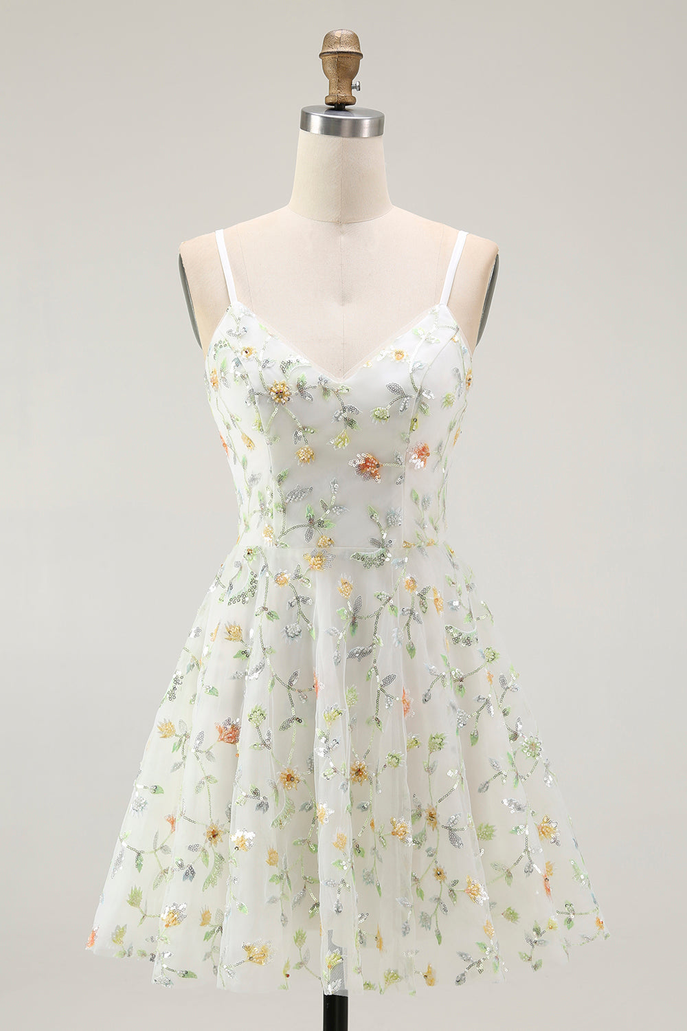 Sparkly Green Spaghetti Straps Floral Short Homecoming Dress with Sequins