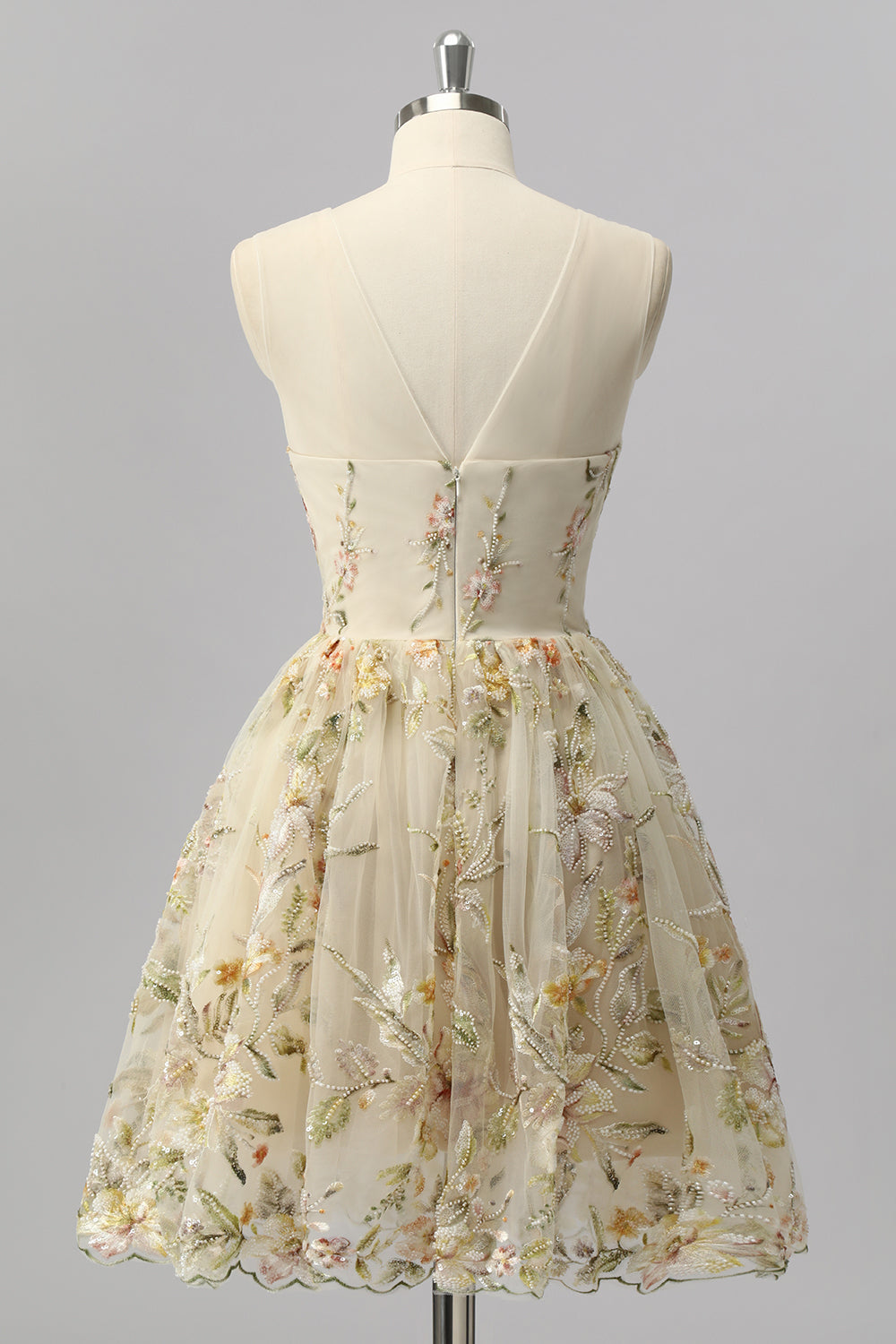 Sparkly Apricot Floral A Line Short Homecoming Dress with Beading