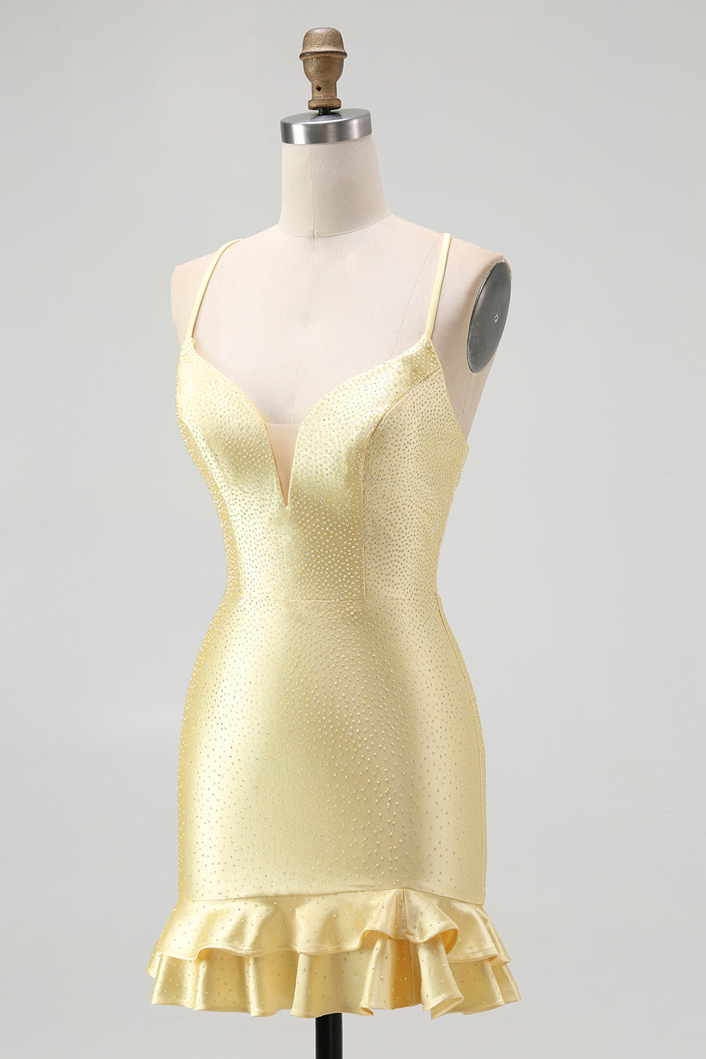 Sparkly Yellow Spaghetti Straps Satin Ruffled Tight Short Homecoming Dress with Beading