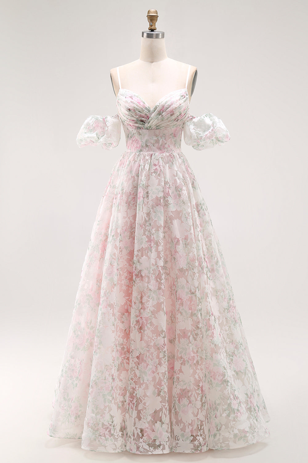 Blush Floral A Line Detachable Sleeves Long Prom Dress