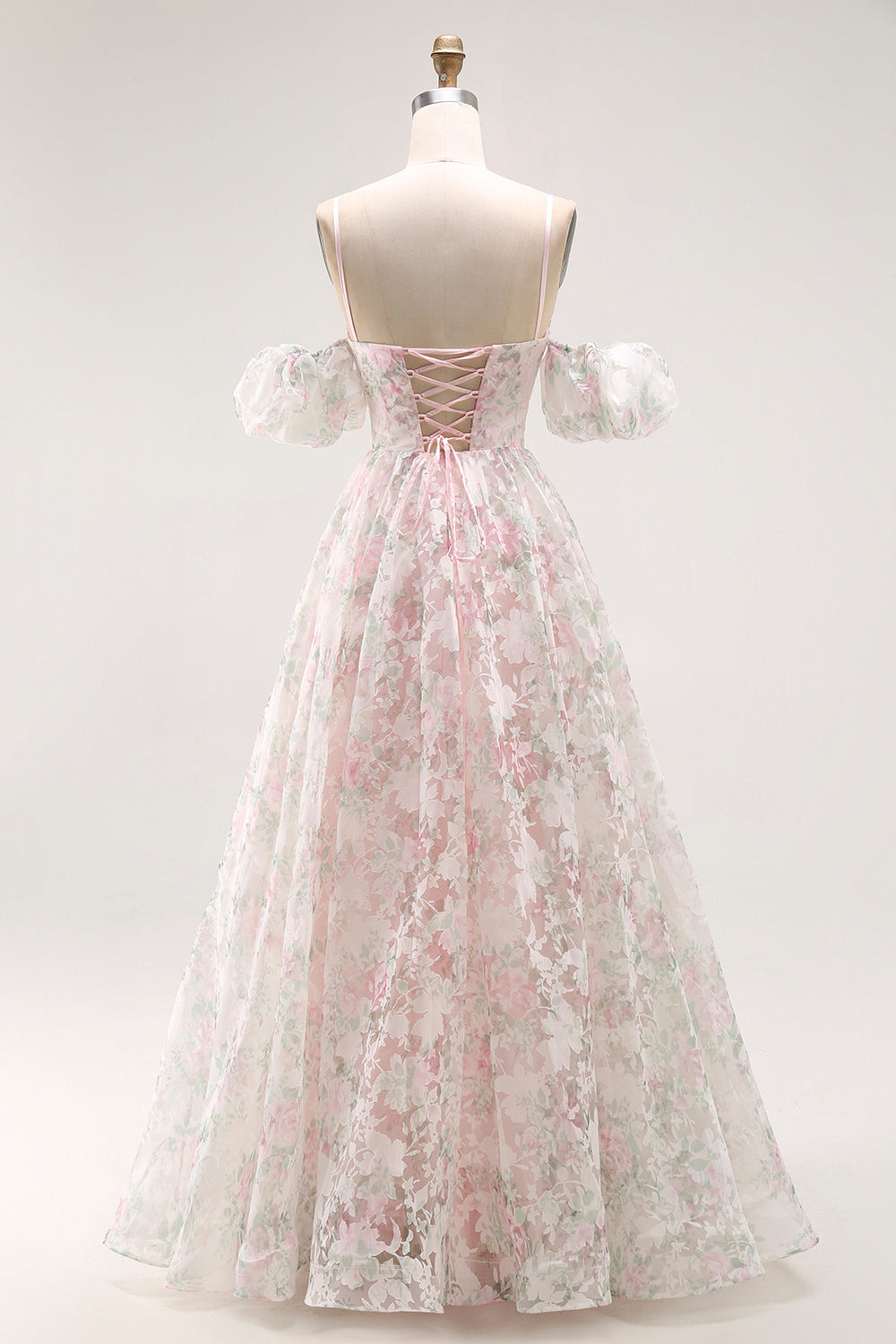 Blush Floral A Line Detachable Sleeves Long Prom Dress