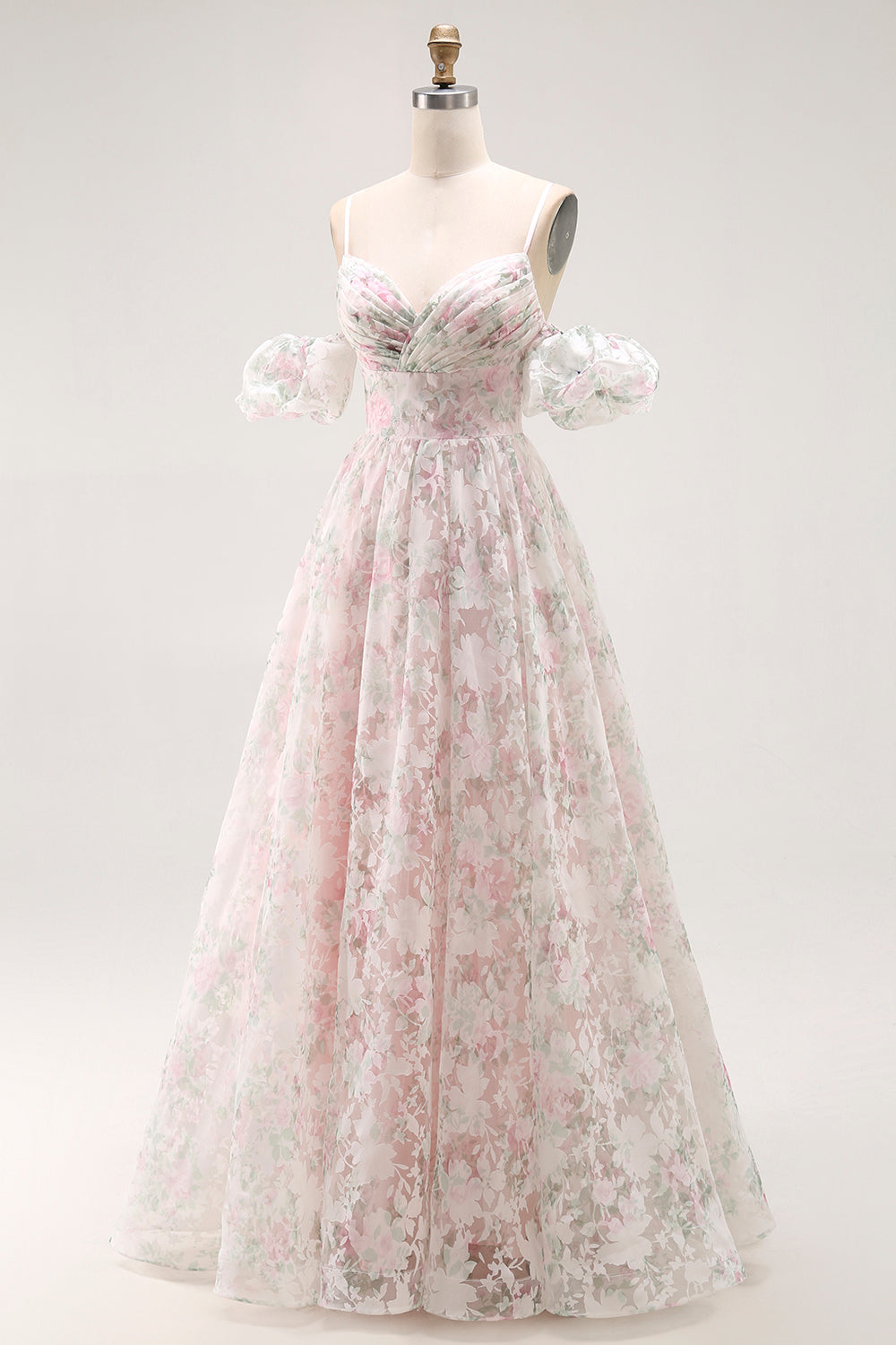 Blush Floral A Line Detachable Sleeves Long Prom Dress