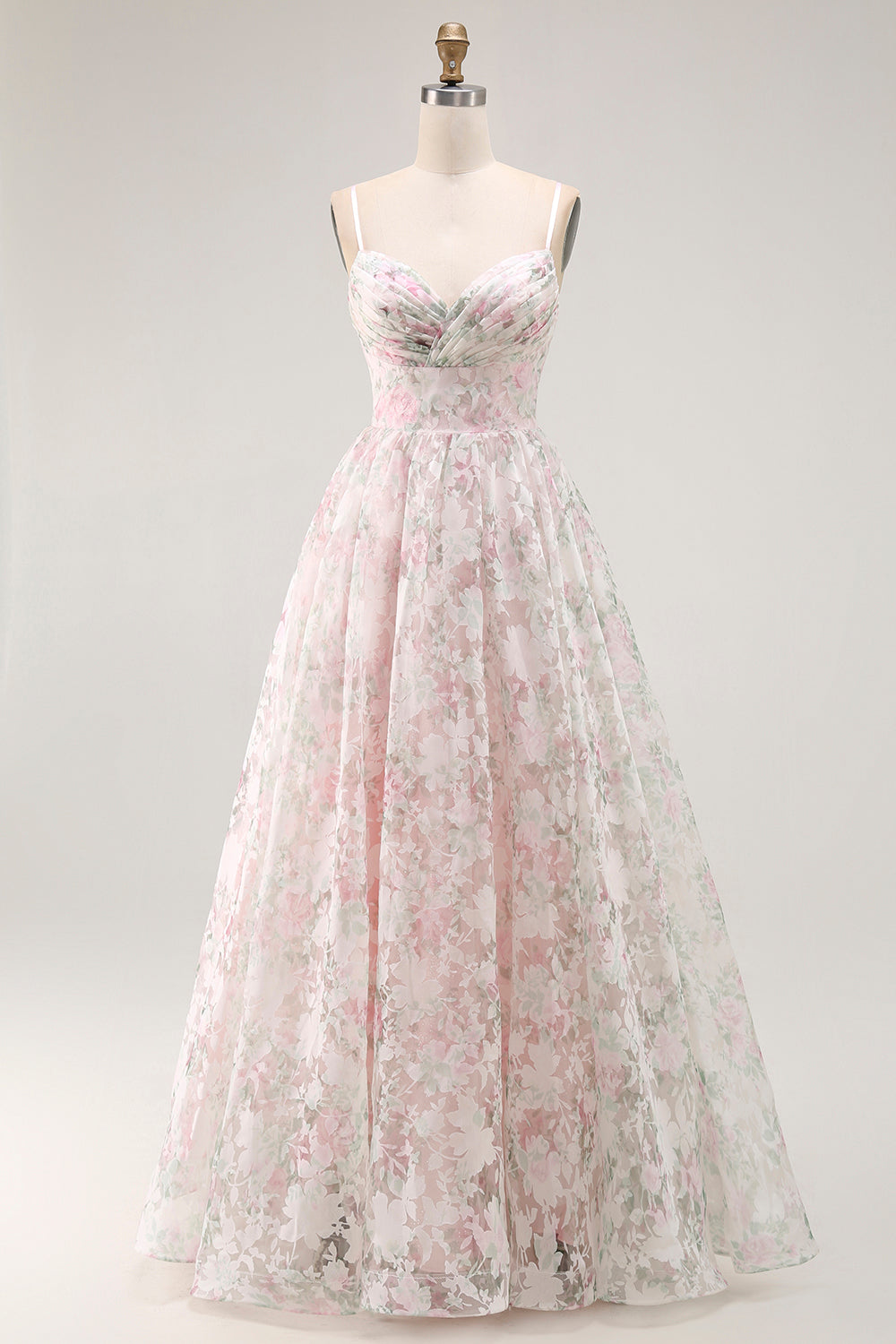Blush Floral A Line Detachable Sleeves Long Prom Dress