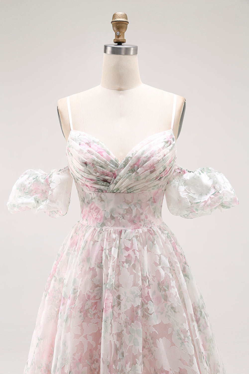 Blush Floral A Line Detachable Sleeves Long Prom Dress