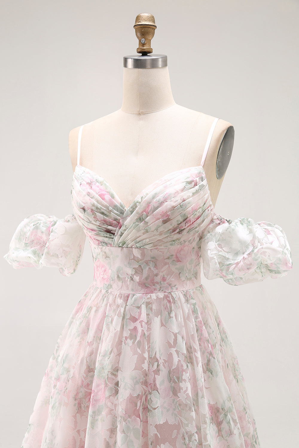 Blush Floral A Line Detachable Sleeves Long Prom Dress