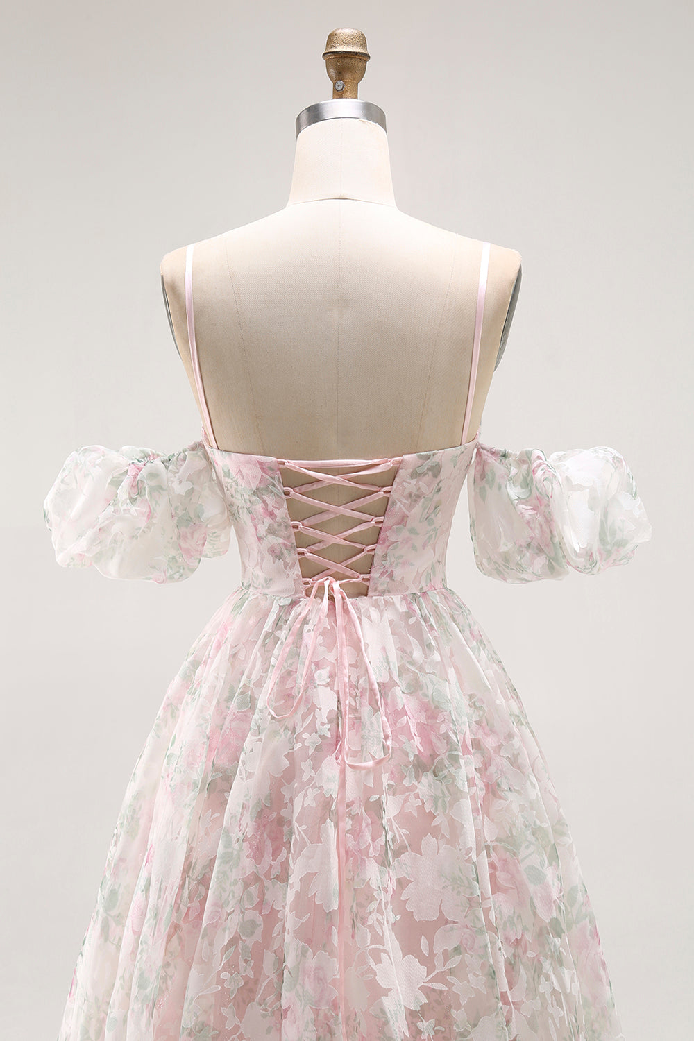 Blush Floral A Line Detachable Sleeves Long Prom Dress
