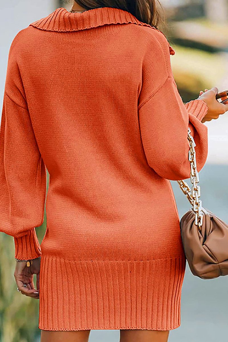 Solid Color Lapel Collar Rib Knitted Dress