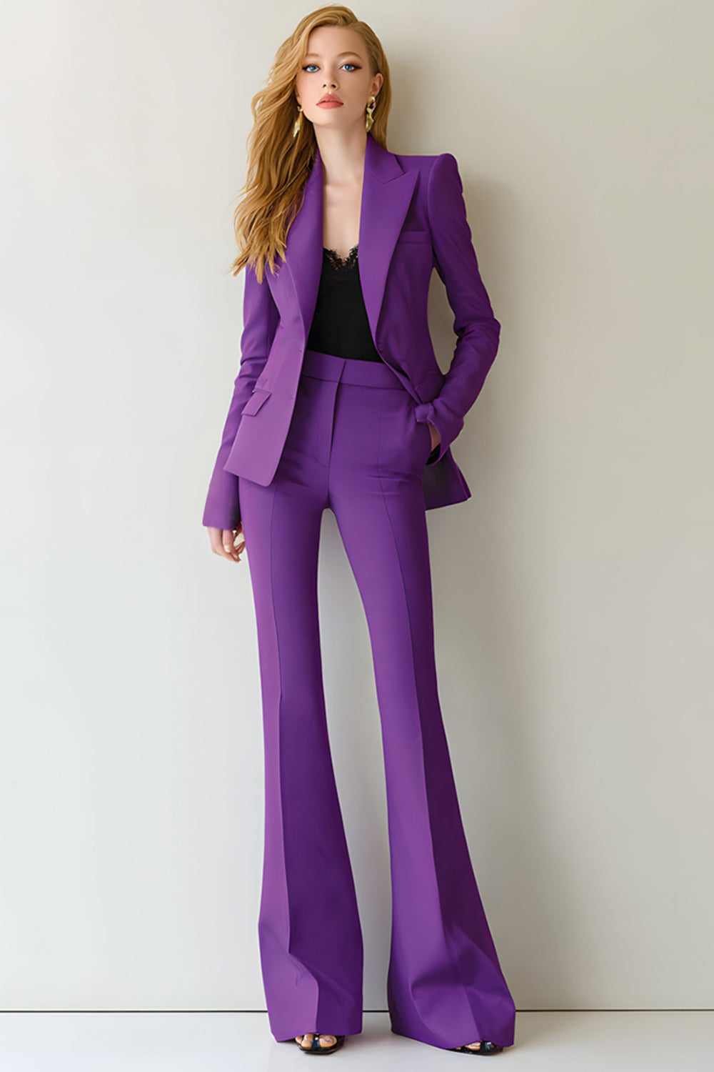Dark Purple Peak Lapel 2 Piece Long Sleeves Prom Suits with Pockets
