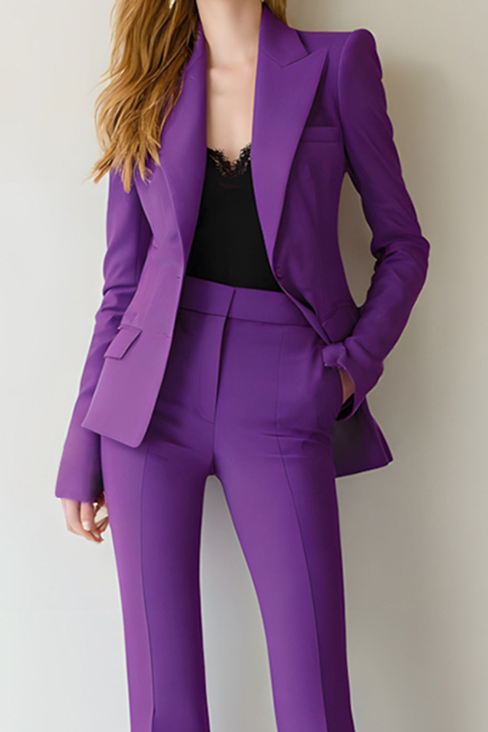 Dark Purple Peak Lapel 2 Piece Long Sleeves Prom Suits with Pockets