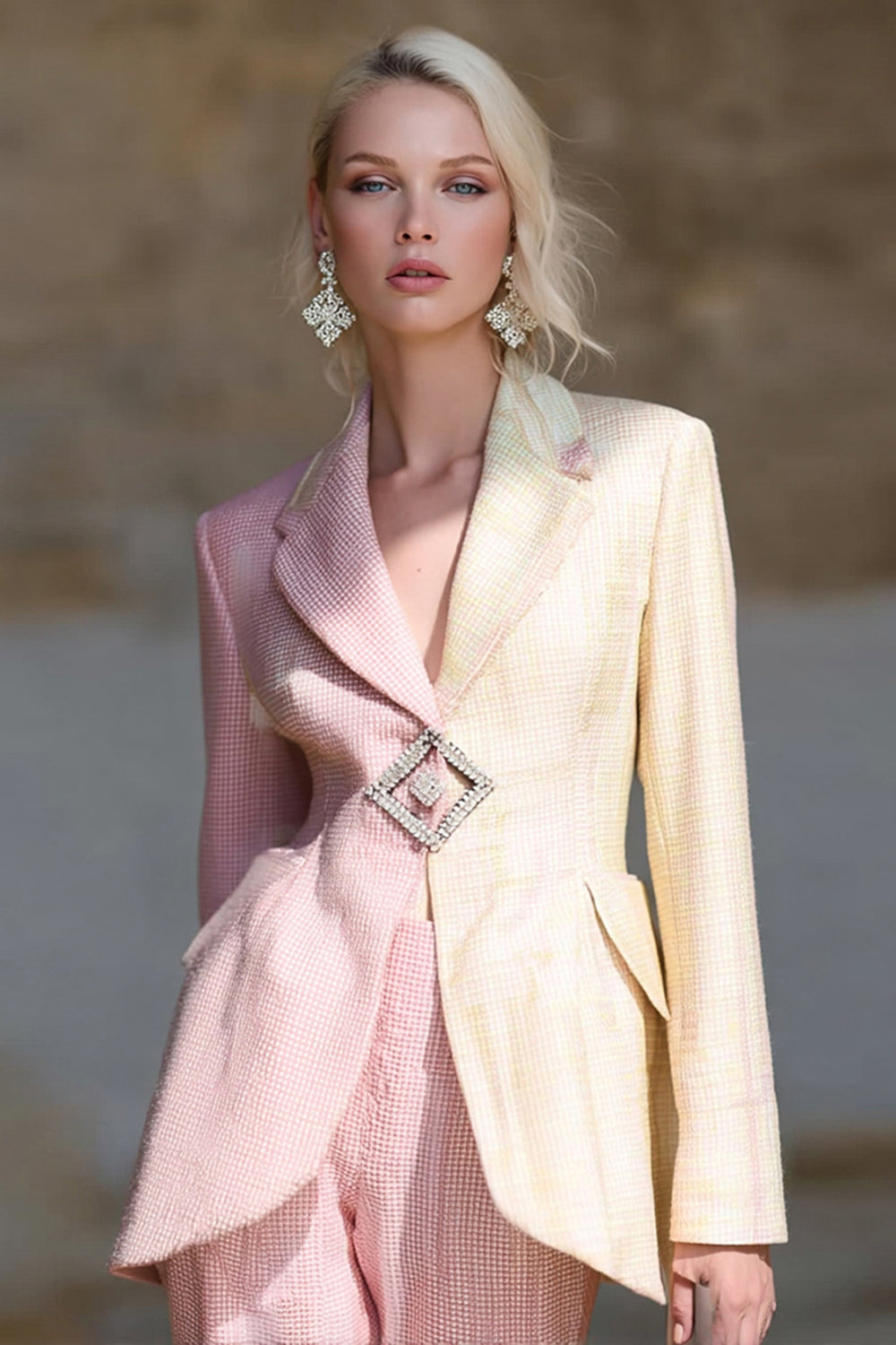 Pink Ivory Patchwork Notched Lapel Long Sleeves Prom Blazer
