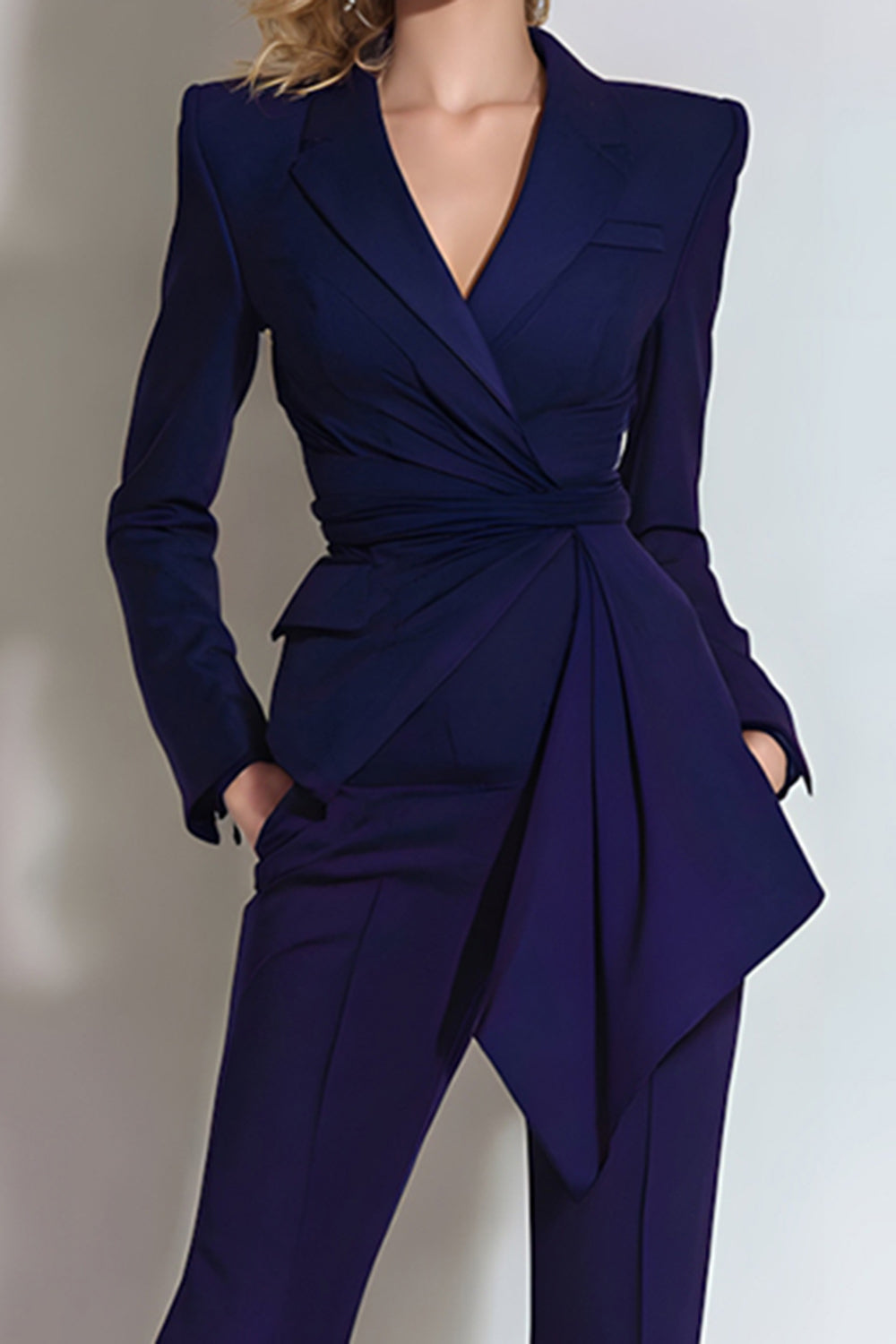 Dark Purple 2 Piece Ruched Slim Fit Long Sleeves Prom Suits with Sash
