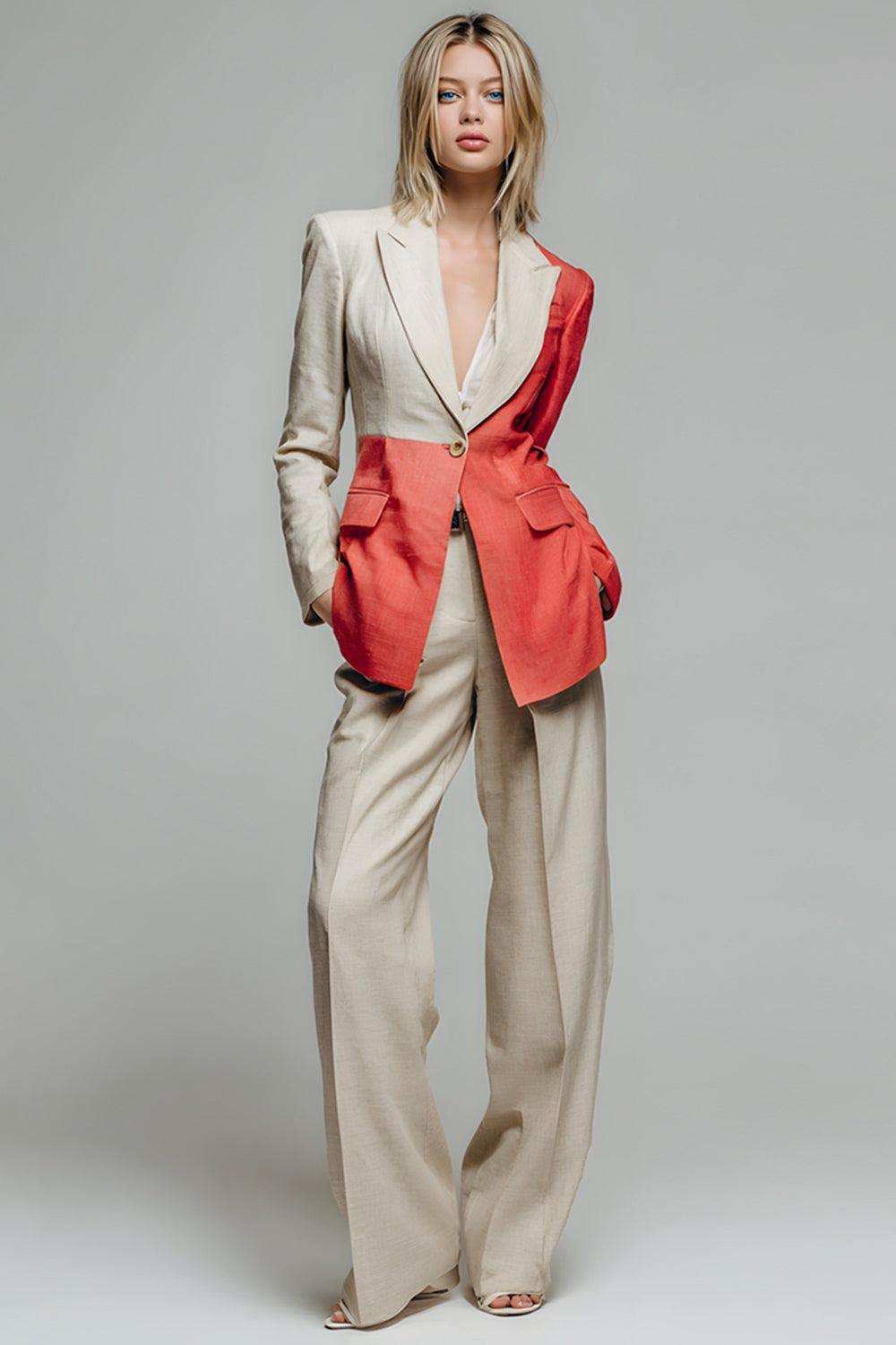 Khaki Red Patchwork 2 Piece Peak Lapel One Button Long Sleeves Prom Suits