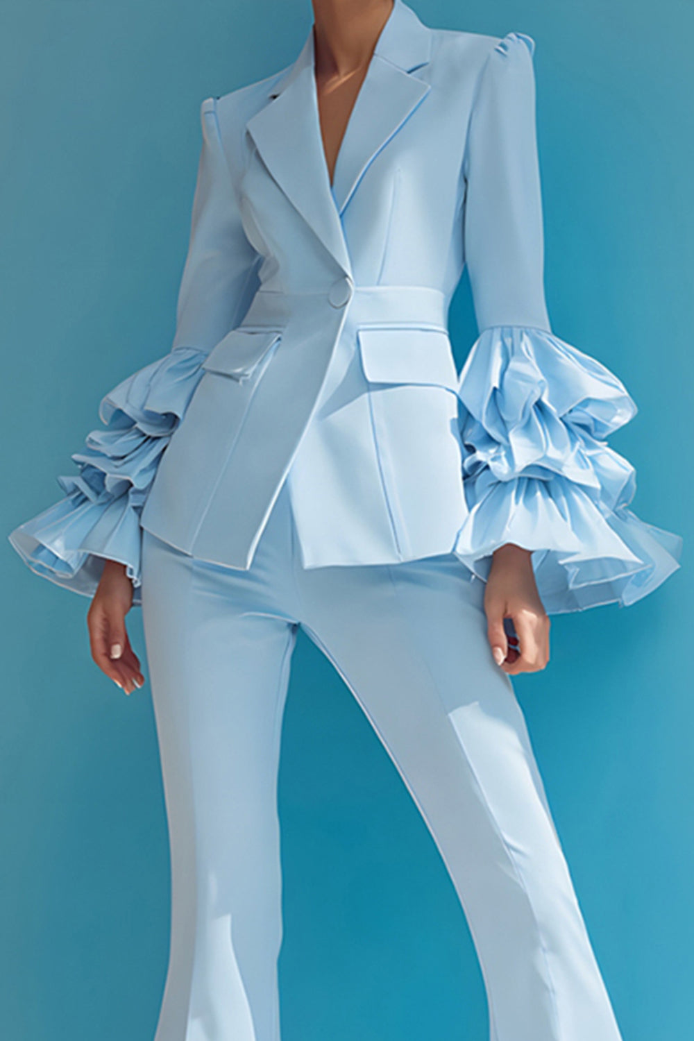 Blue 2 Piece Notched Lapel One Button Ruffled Long Sleeves Prom Suits