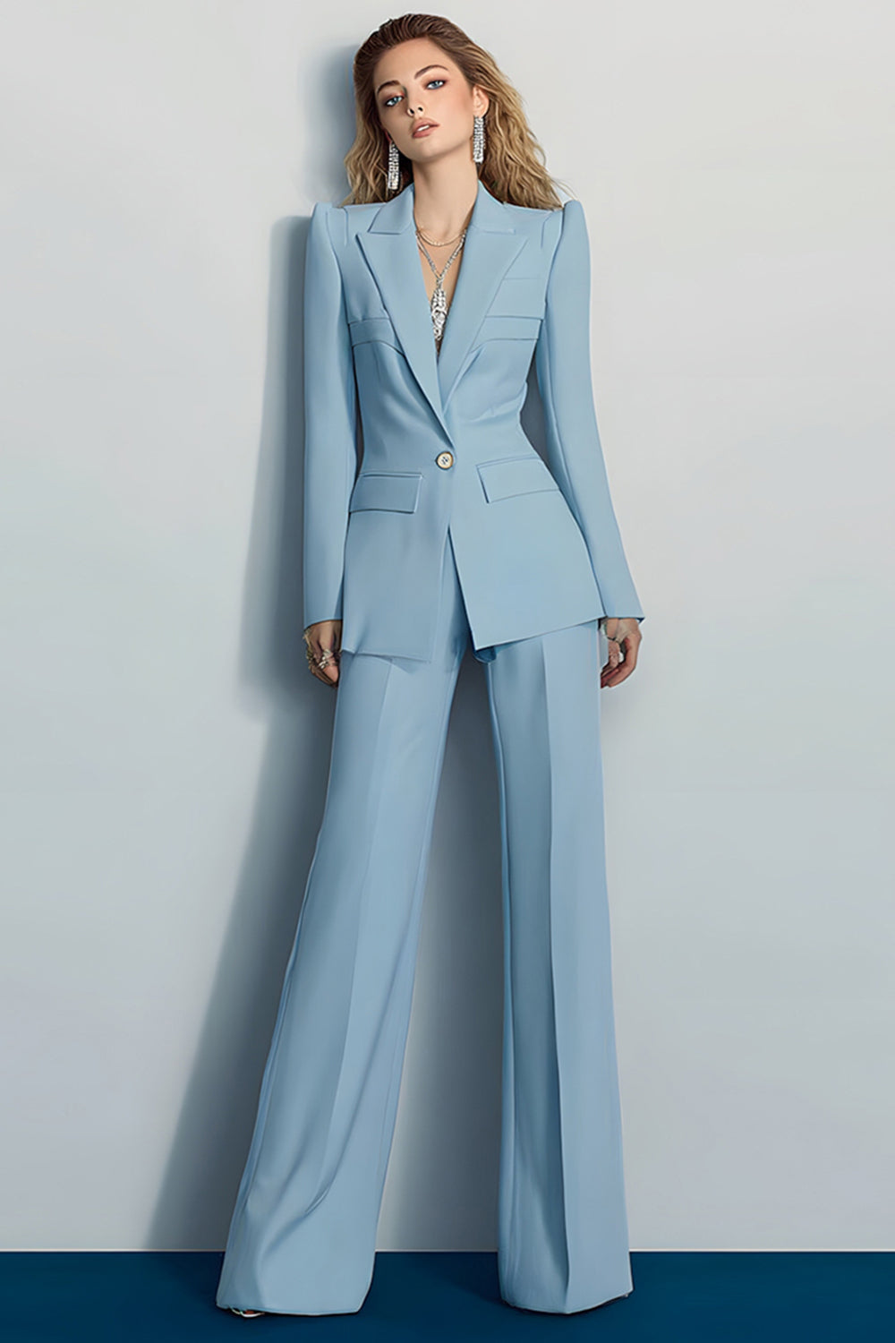 Grey Blue 2 Piece Peak Lapel Long Sleeves Prom Suits