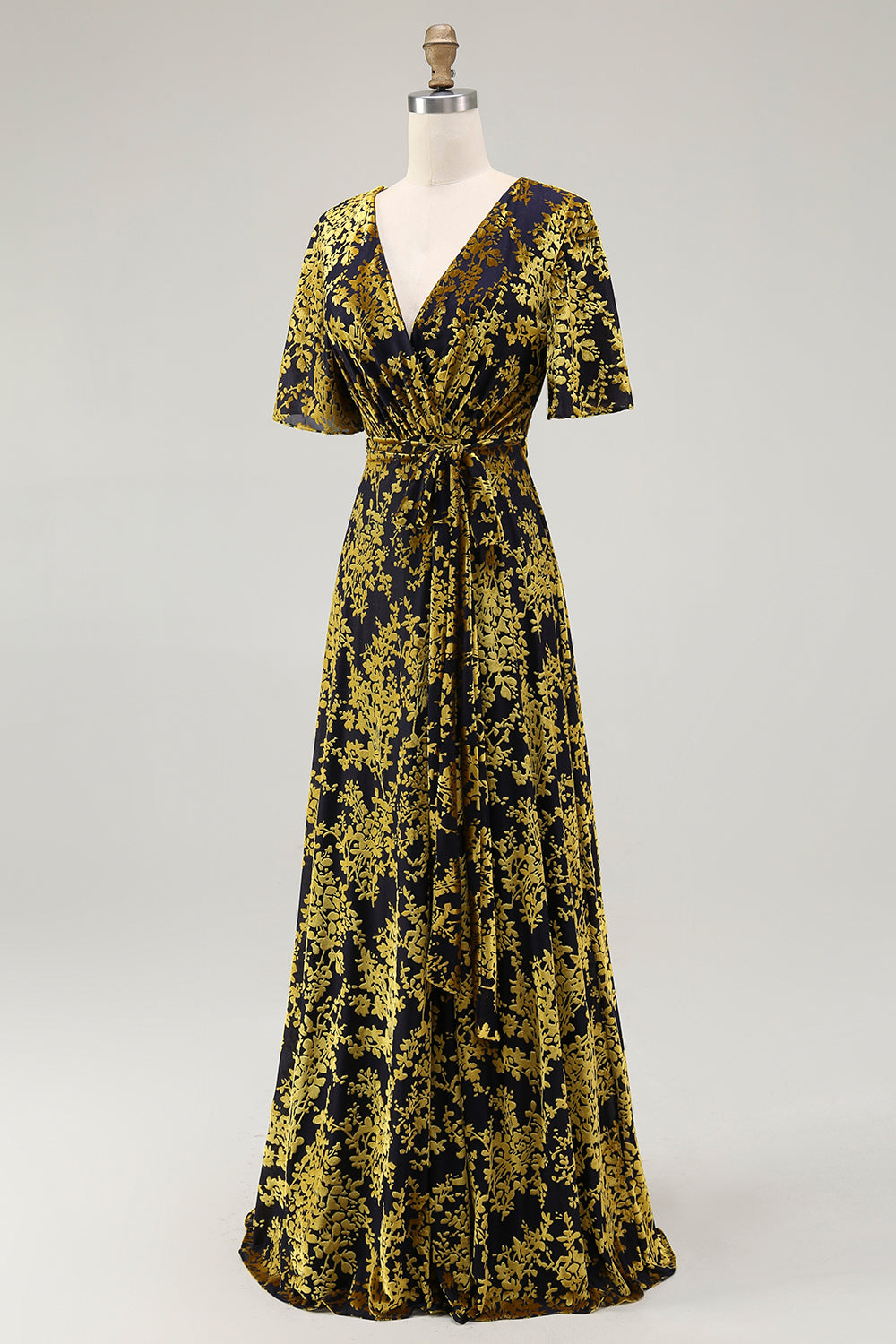 Golden Purple Velvet Burnout V-Neck A-Line Long Wedding Guest Dress