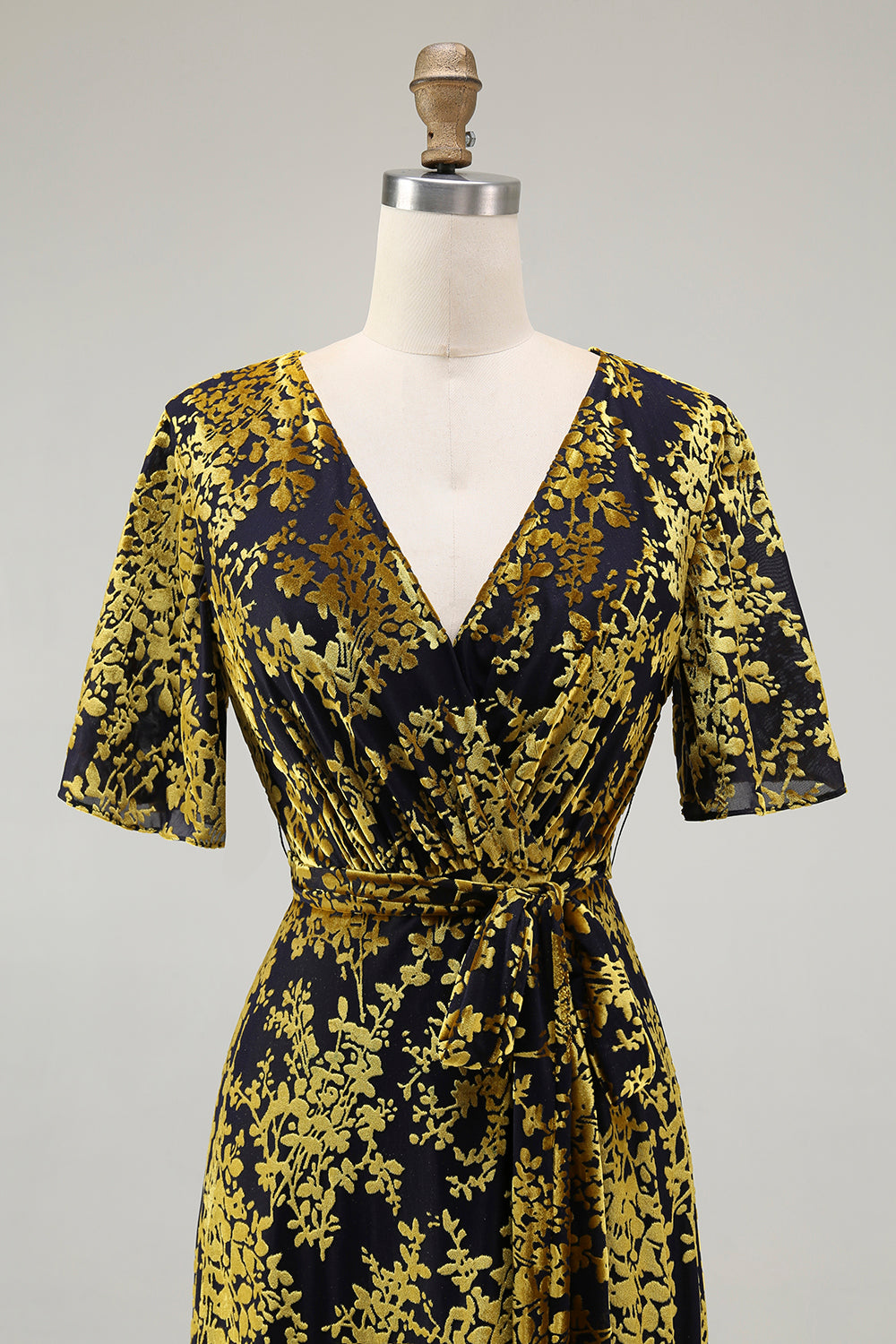 Golden Purple Velvet Burnout V-Neck A-Line Long Wedding Guest Dress