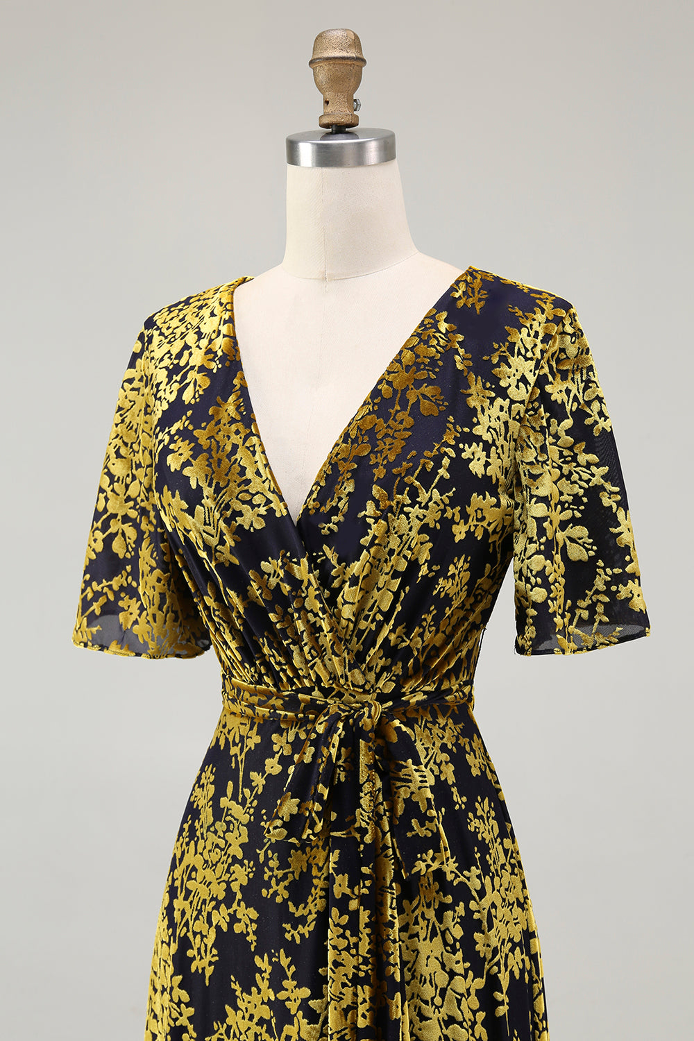 Golden Purple Velvet Burnout V-Neck A-Line Long Wedding Guest Dress