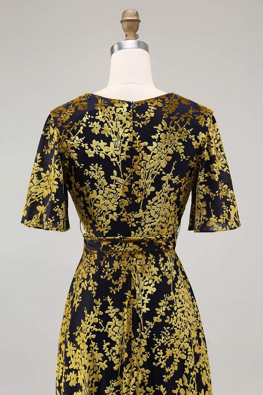 Golden Purple Velvet Burnout V-Neck A-Line Long Wedding Guest Dress