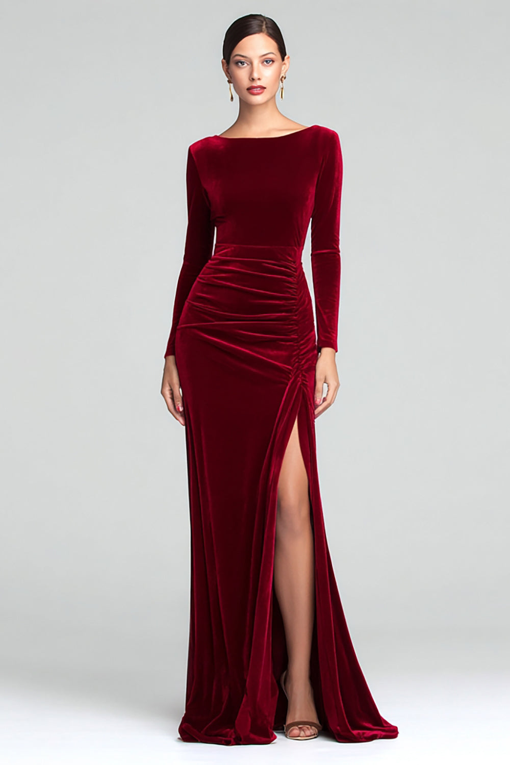 Burgundy Boat Neck Velvet Ruched Long Sleeves Holiday Party Dress