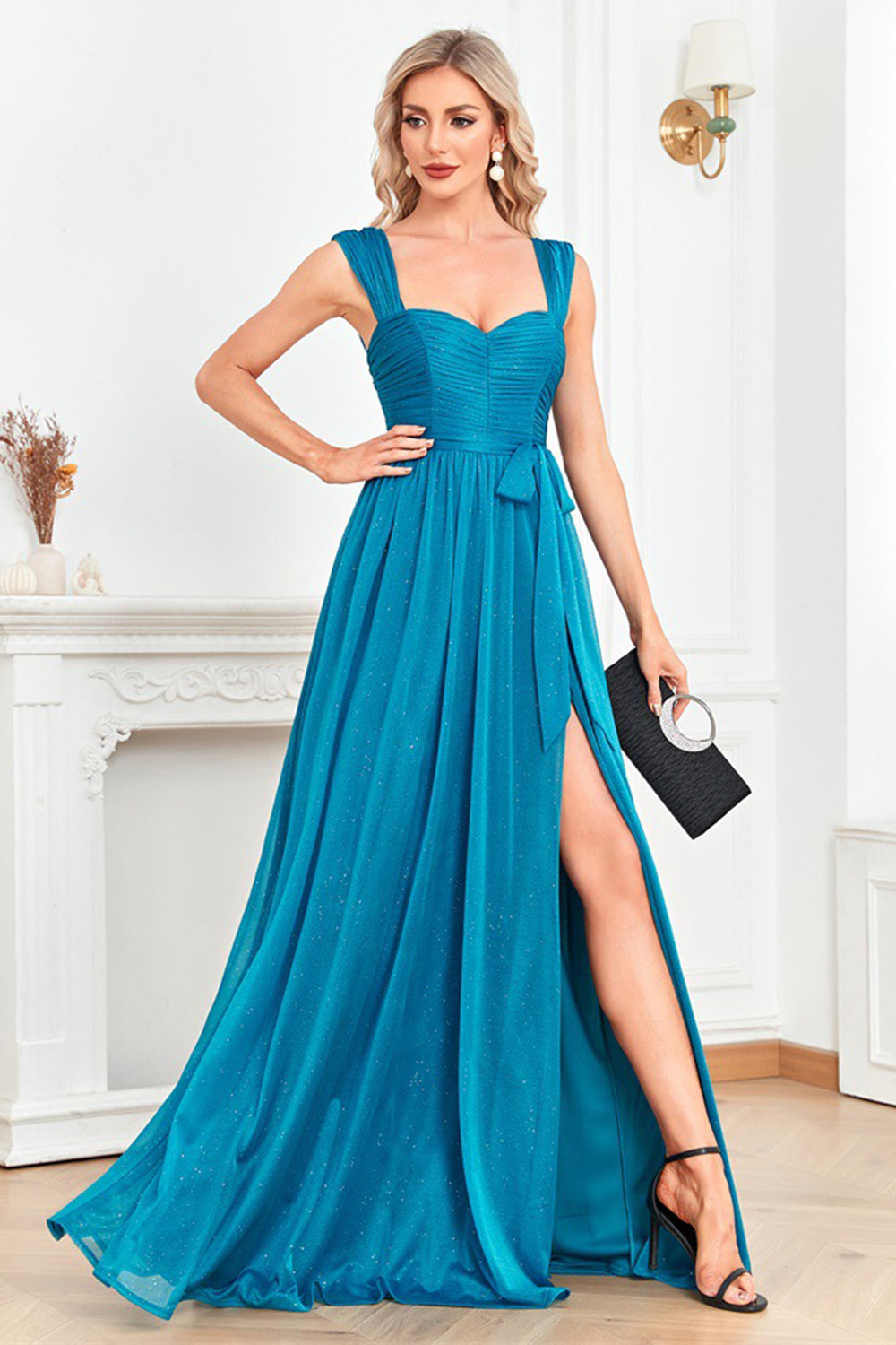 Blue A Line Sweetheart Ruched Sash Long Prom Dress with Slit