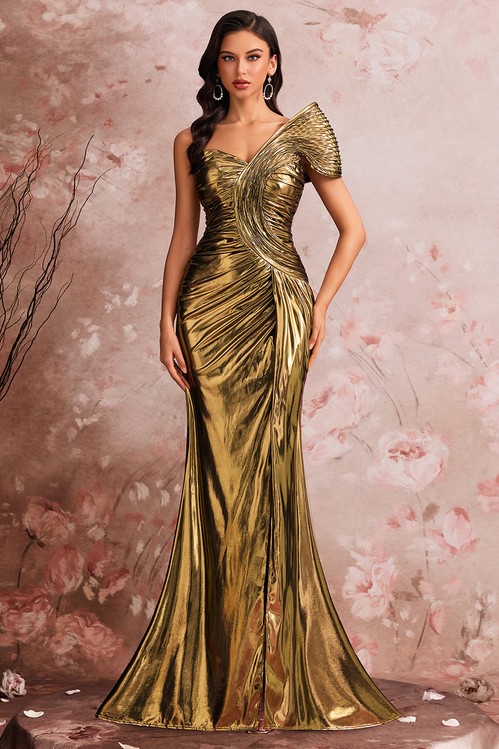Golden Metallic Mermaid One Shoulder Ruched Long Prom Dress with Slit